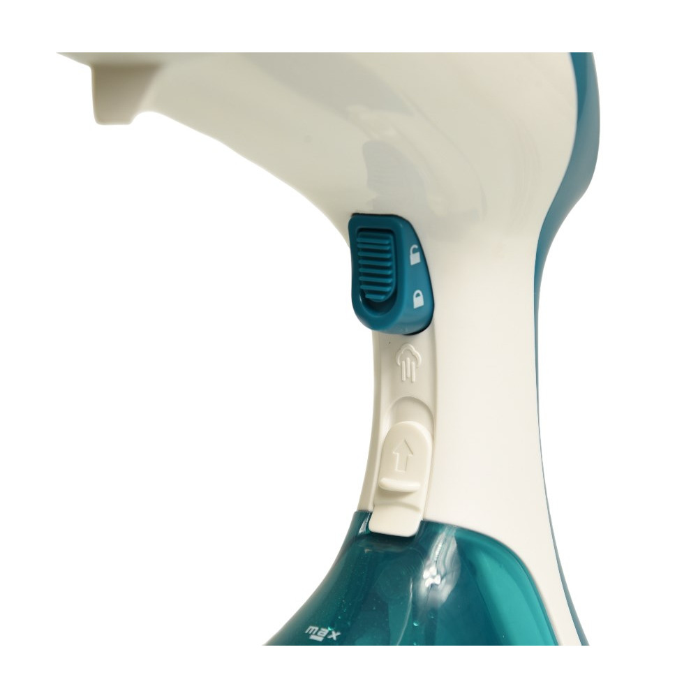 Un vaporizzatore portatile bianco e turchese con controlli come cursore e pulsanti.