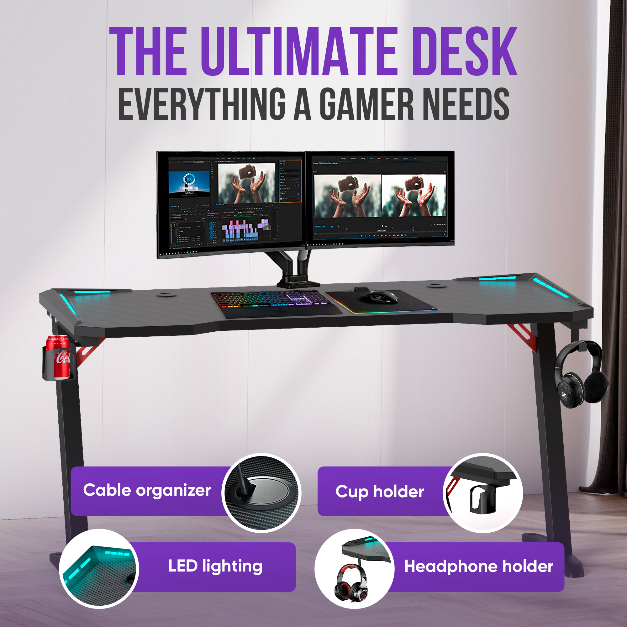 A black gaming desk with dual monitors, keyboard, mouse, LED lighting, and cup holder.