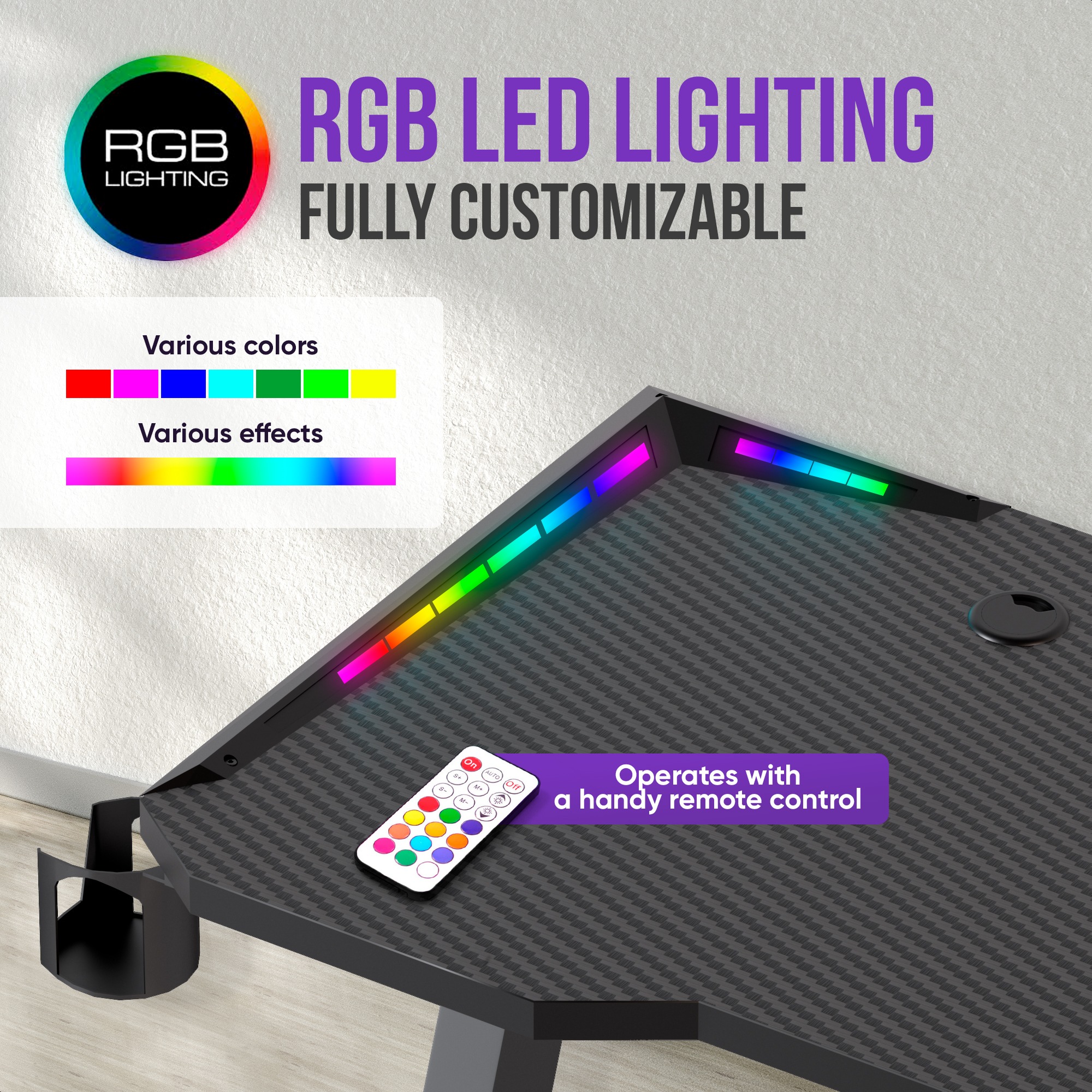 A desk with RGB LED lighting and a remote control.