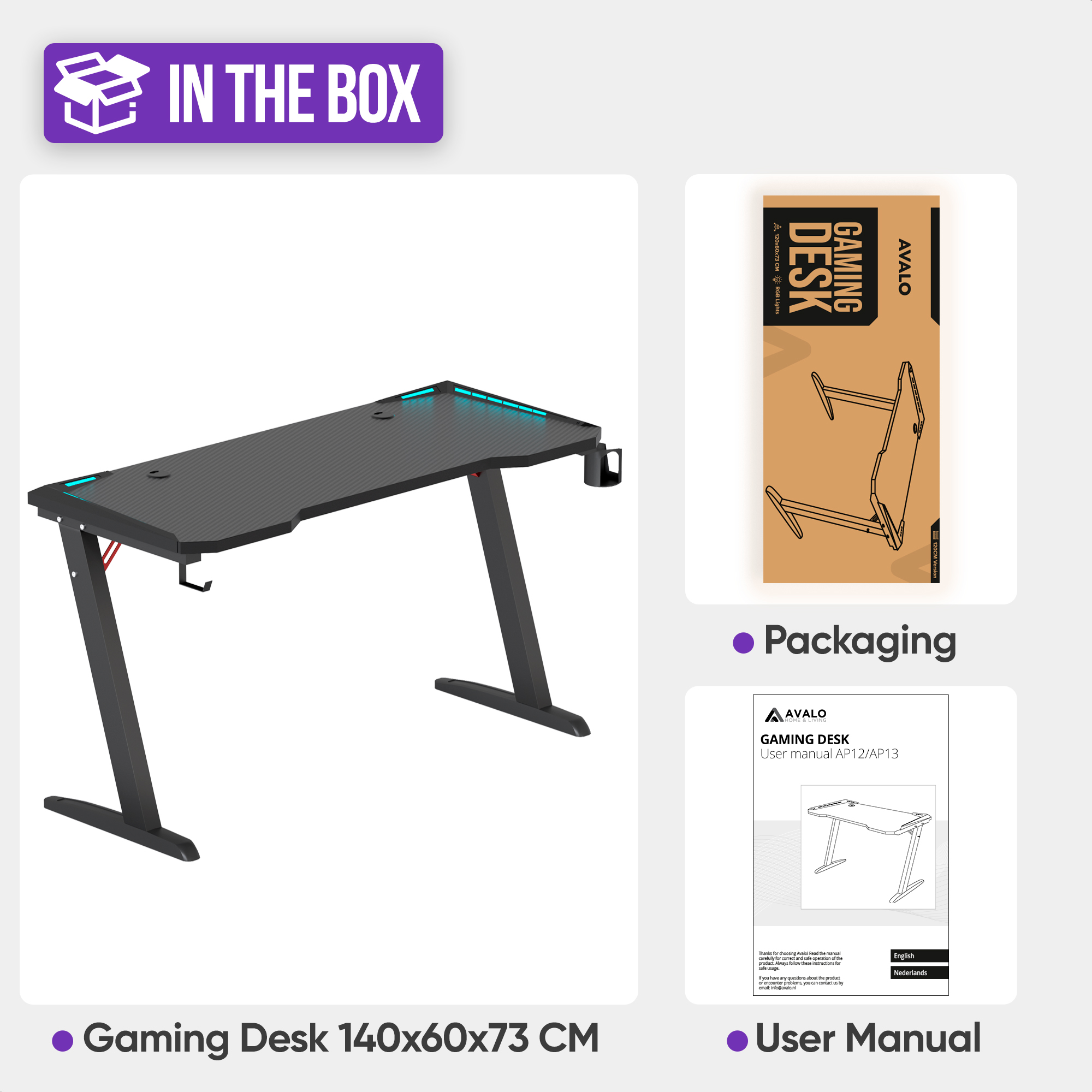 Black gaming desk with blue lights, packaging, and user manual.