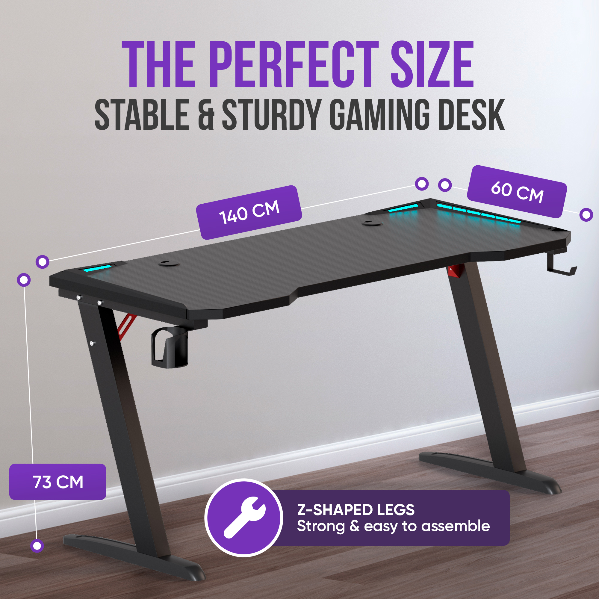 Black gaming desk with blue LEDs, Z-shaped legs, and dimensions shown.