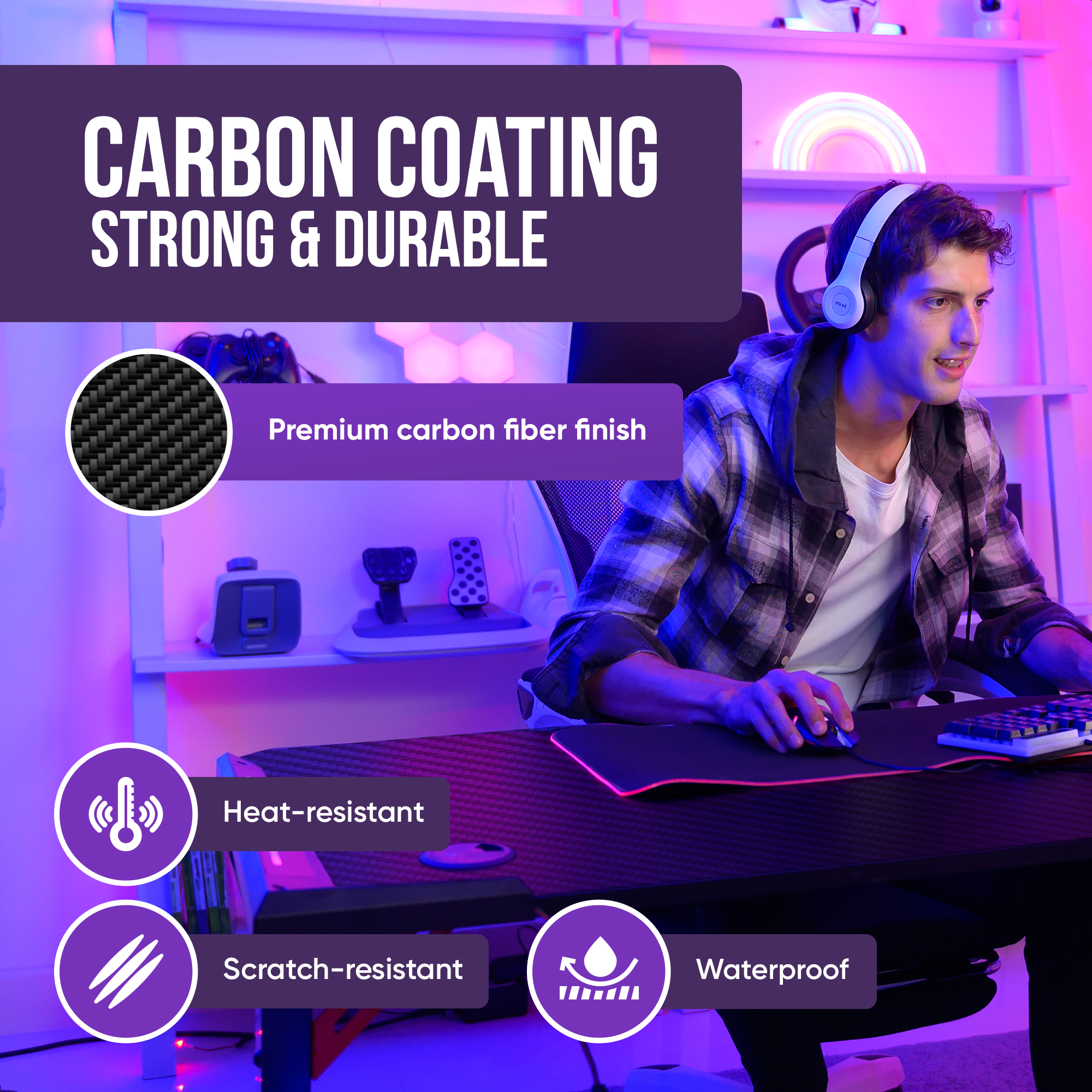 Young man plays video games at a desk with carbon finish, lit by neon lights.
