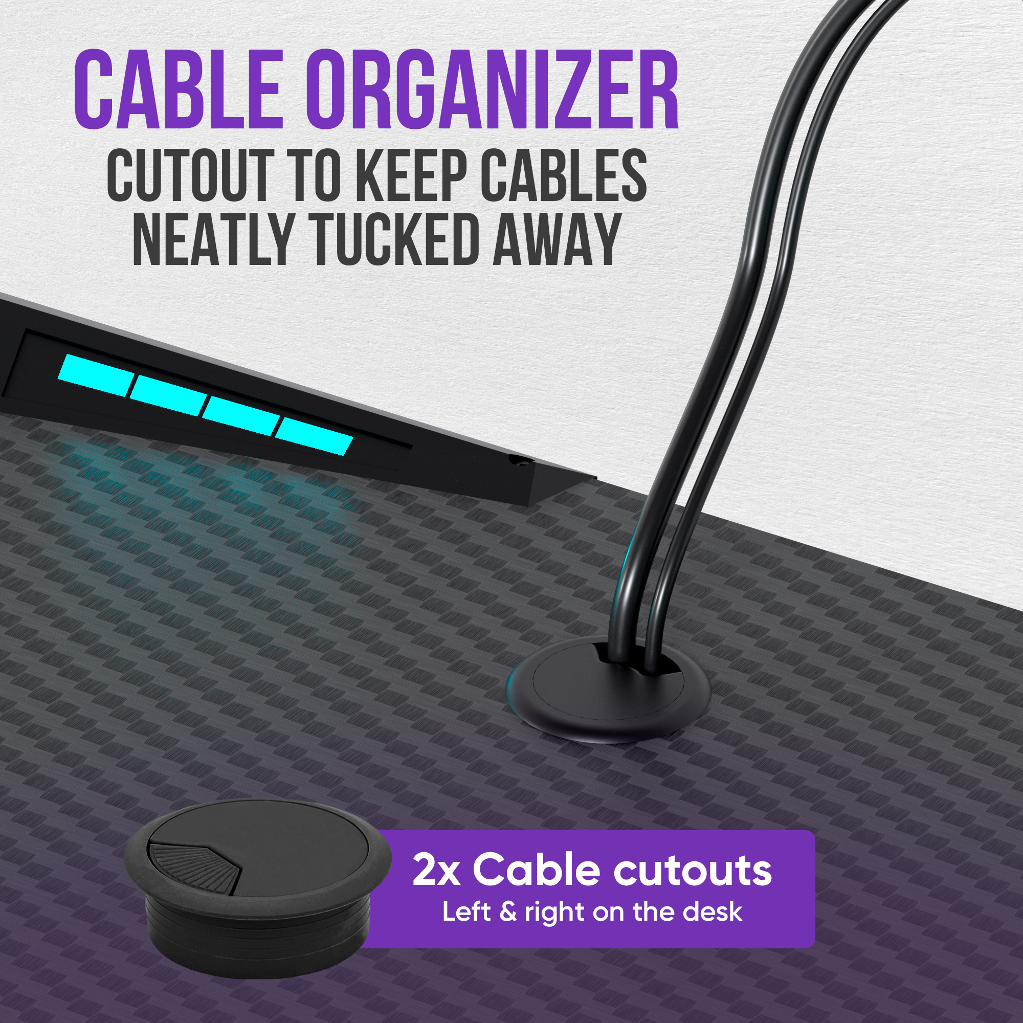 Black cable grommet on a patterned desk. Text about cable management.