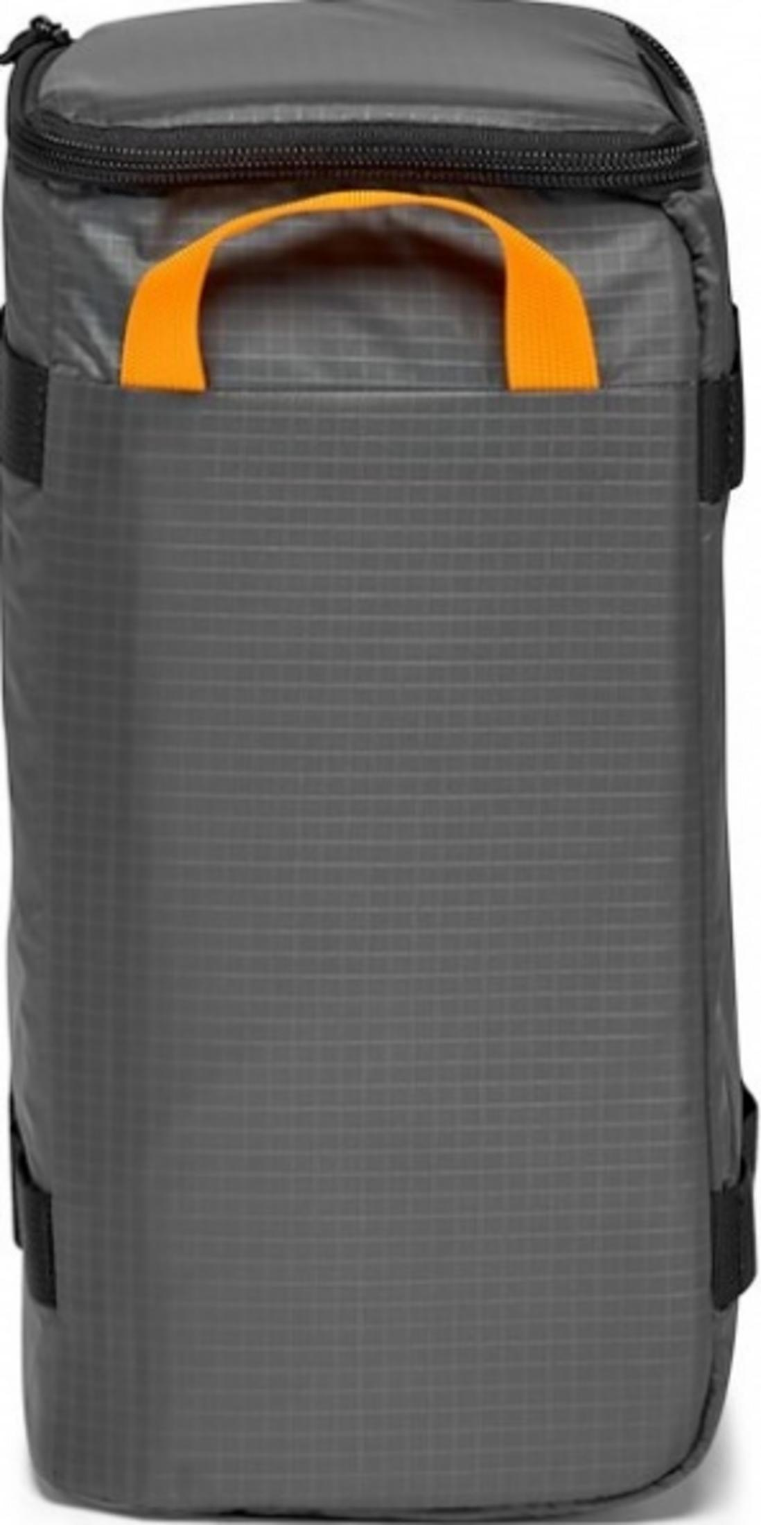 A gray bag with an orange handle and a zipper at the top.