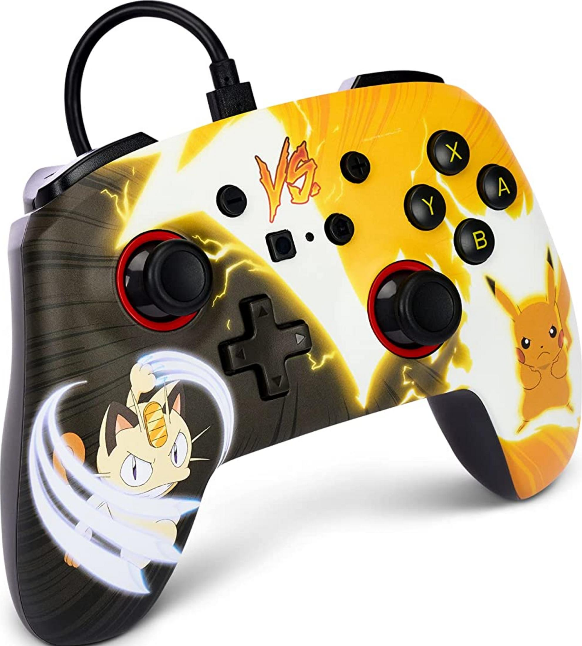 Kolorowy kontroler do gier z Pikachu i Meowthem.