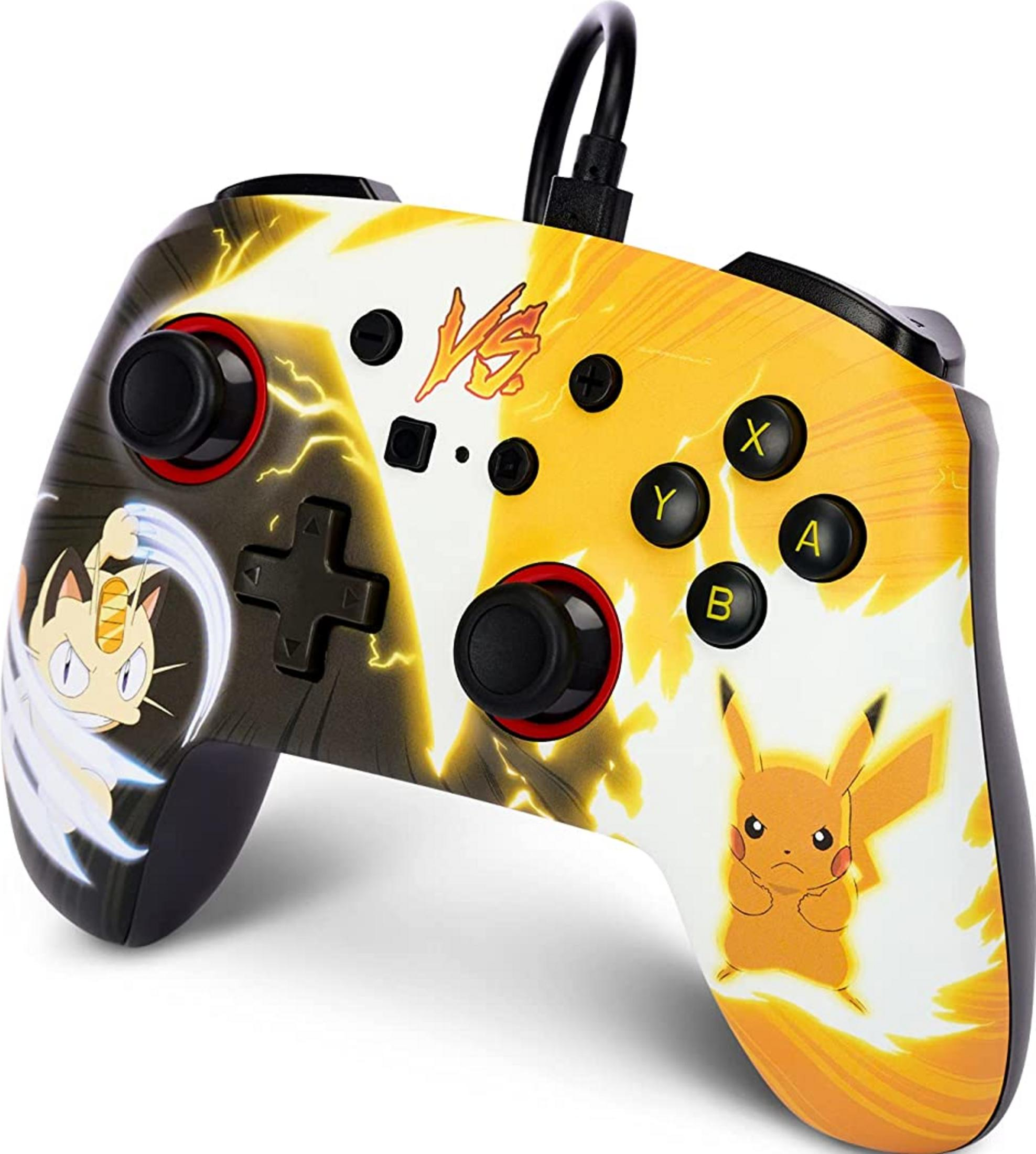 Kontroler Pokémon z Pikachu i Meowthem, podzielony przez żółte błyskawice.