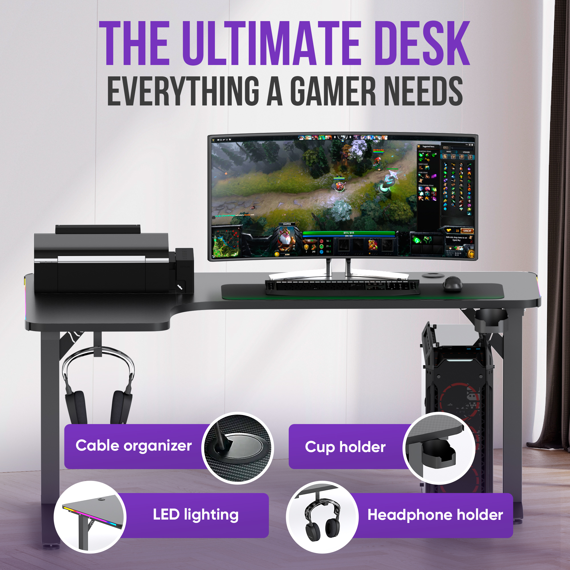 Een gaming bureau met monitor, toetsenbord, muis en pc-kast.