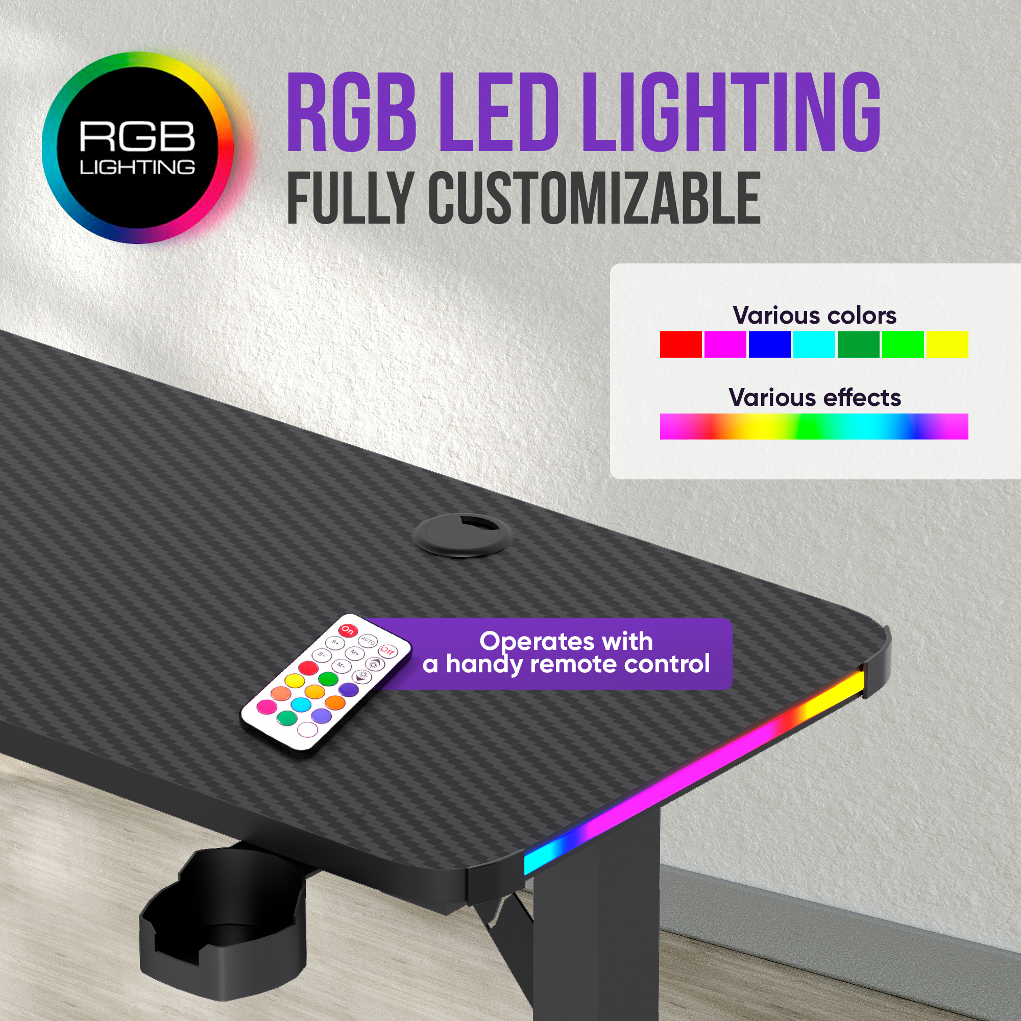 Bureau met RGB LED-verlichting en afstandsbediening.