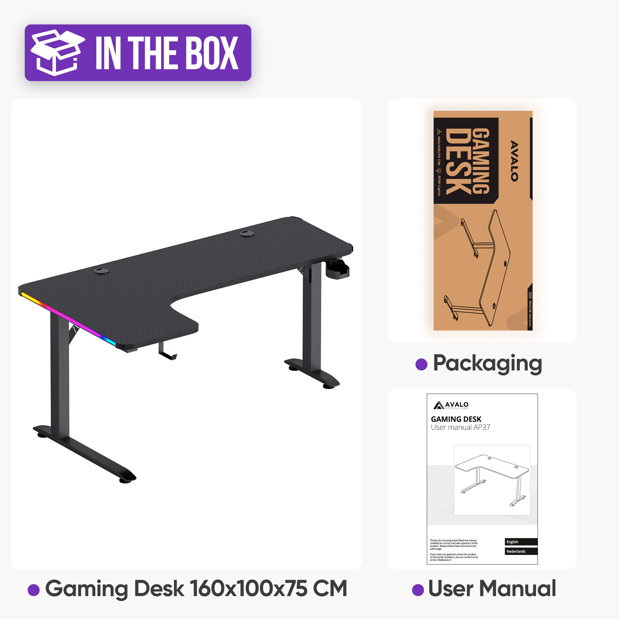 Zwart gamingbureau met RGB-verlichting, verpakking en gebruikershandleiding.