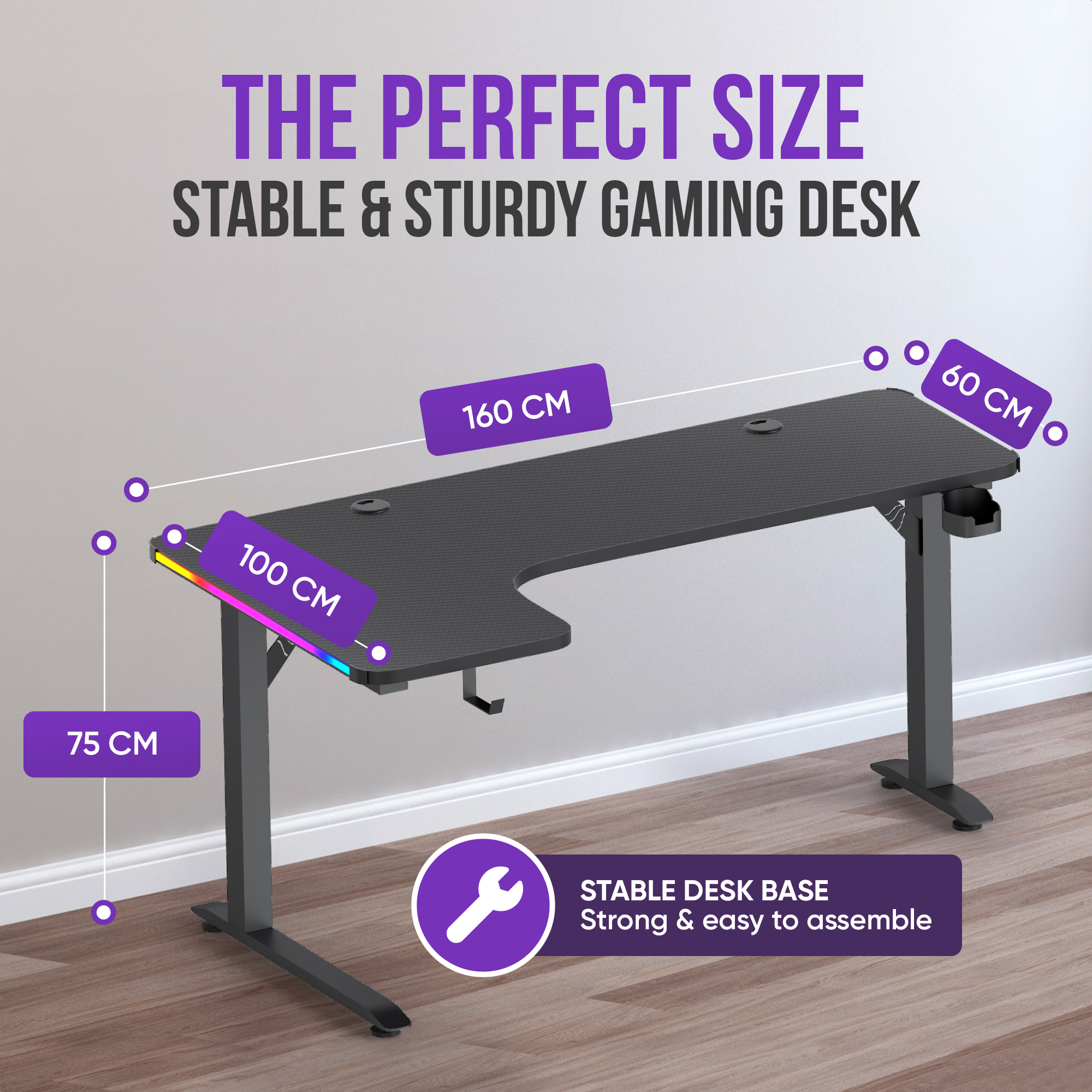 Zwarte gaming bureau met RGB verlichting, afmetingen 160x60x75cm. Stabiel.