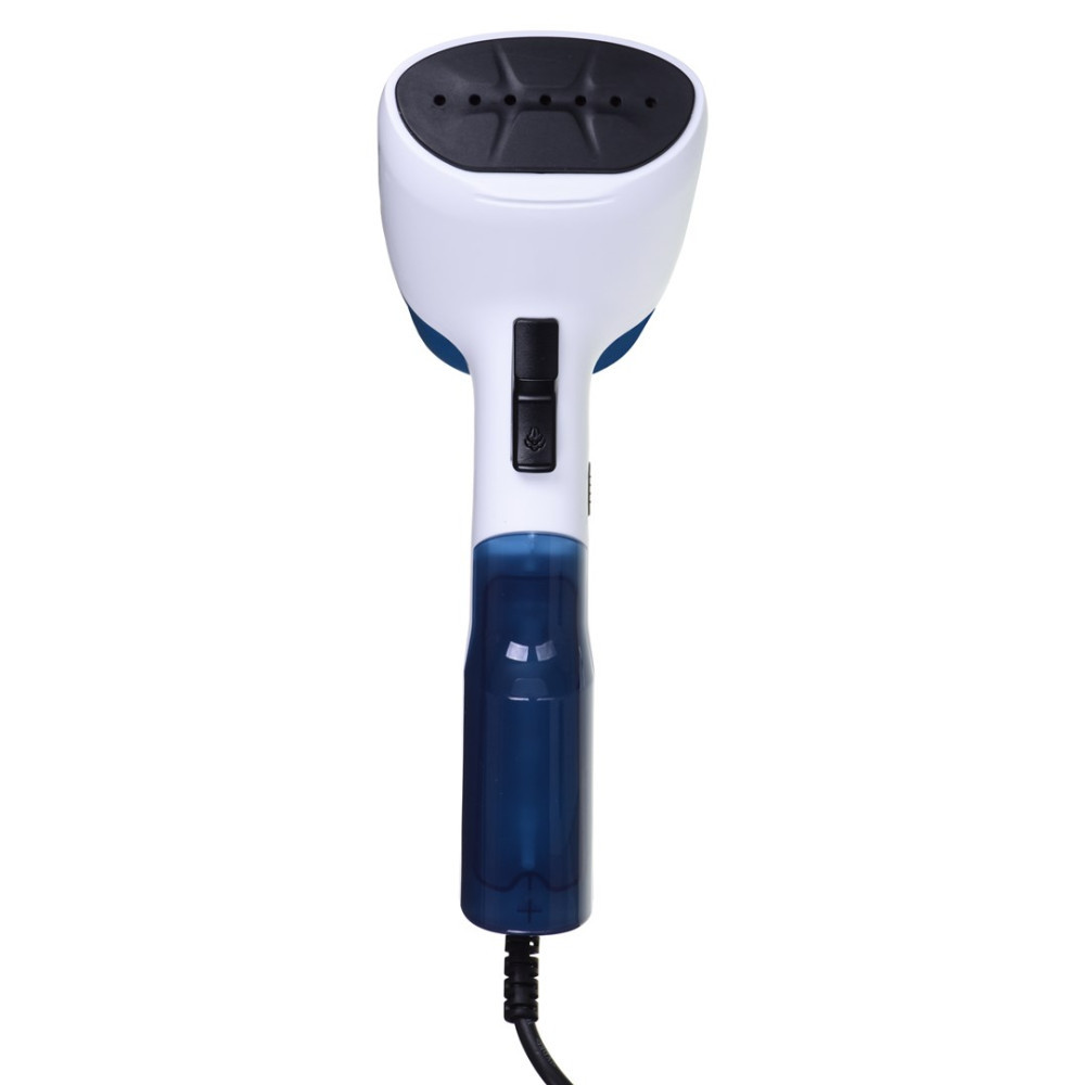 Biało-niebieski parownica do ubrań z czarnym kablem, na białym tle.