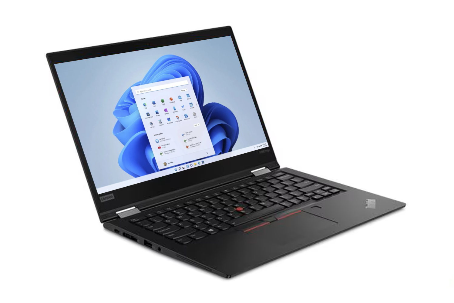 Ein geöffneter schwarzer Laptop mit Windows 11 Startmenü auf dem Bildschirm.