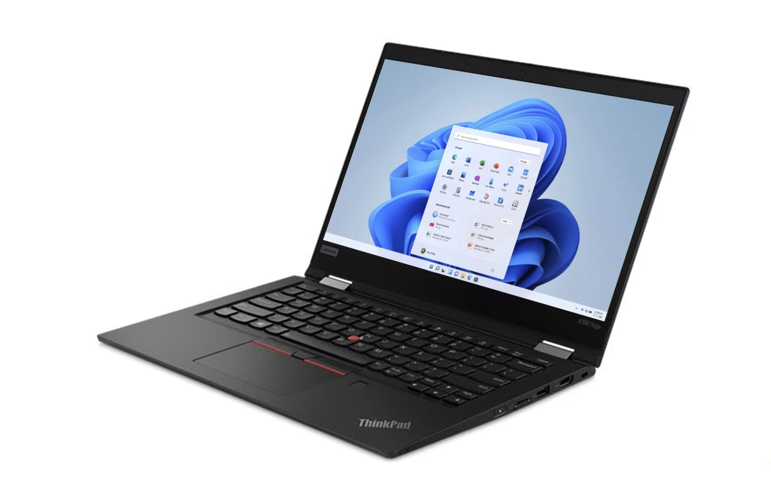 Ein schwarzer Lenovo ThinkPad Laptop mit geöffnetem Bildschirm, der Windows 11 zeigt.