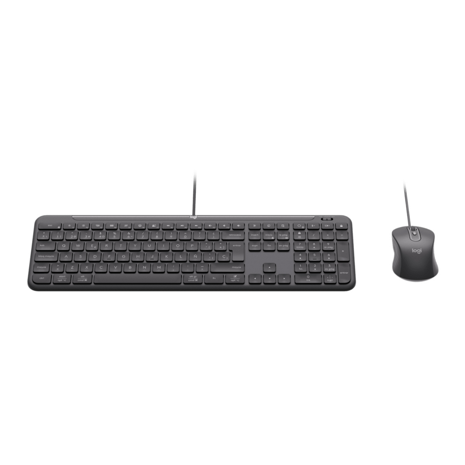 Tastiera e mouse Logitech grigi su sfondo bianco.