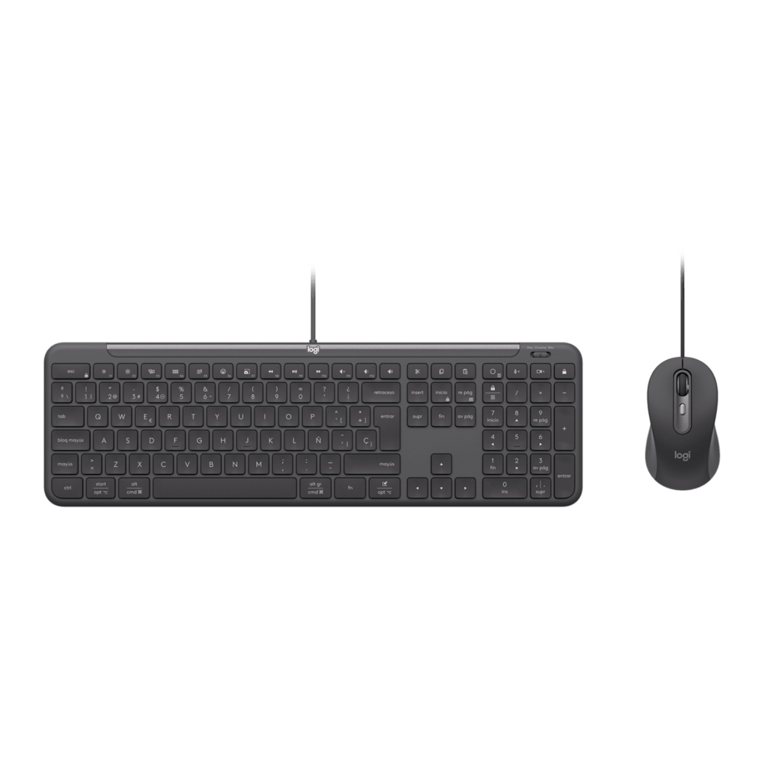 Una tastiera e un mouse Logitech grigi sono uno accanto all'altro su sfondo bianco.