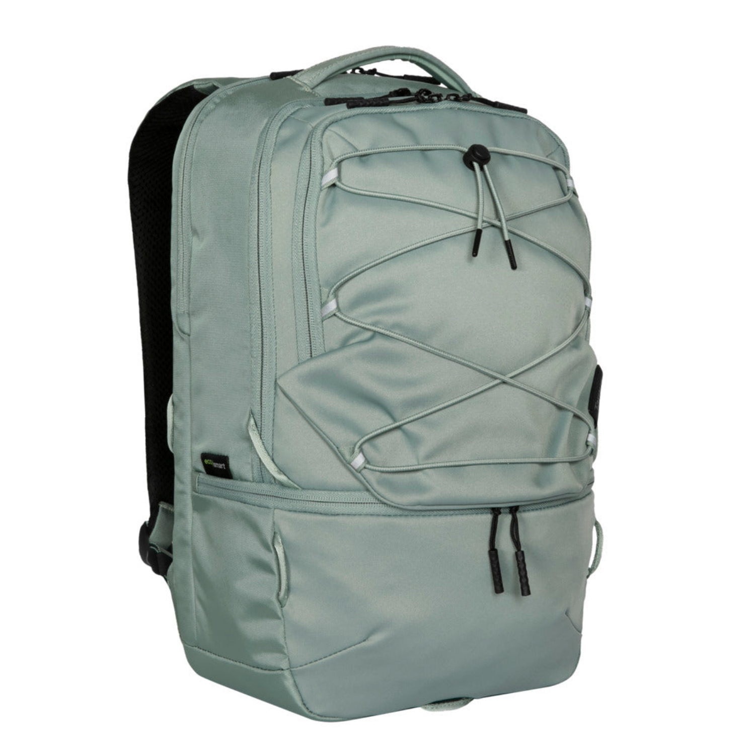 Uno zaino verde chiaro con cordini elastici e zip.