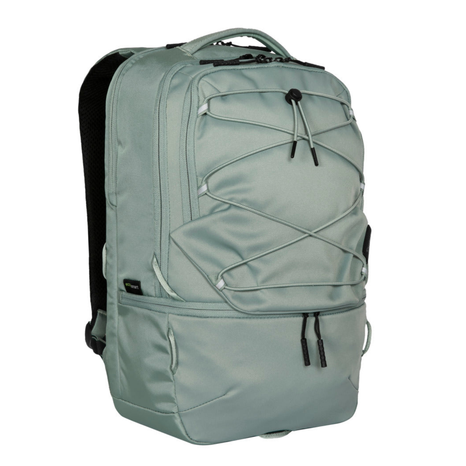 Uno zaino verde chiaro con spallacci e cordini elastici neri.
