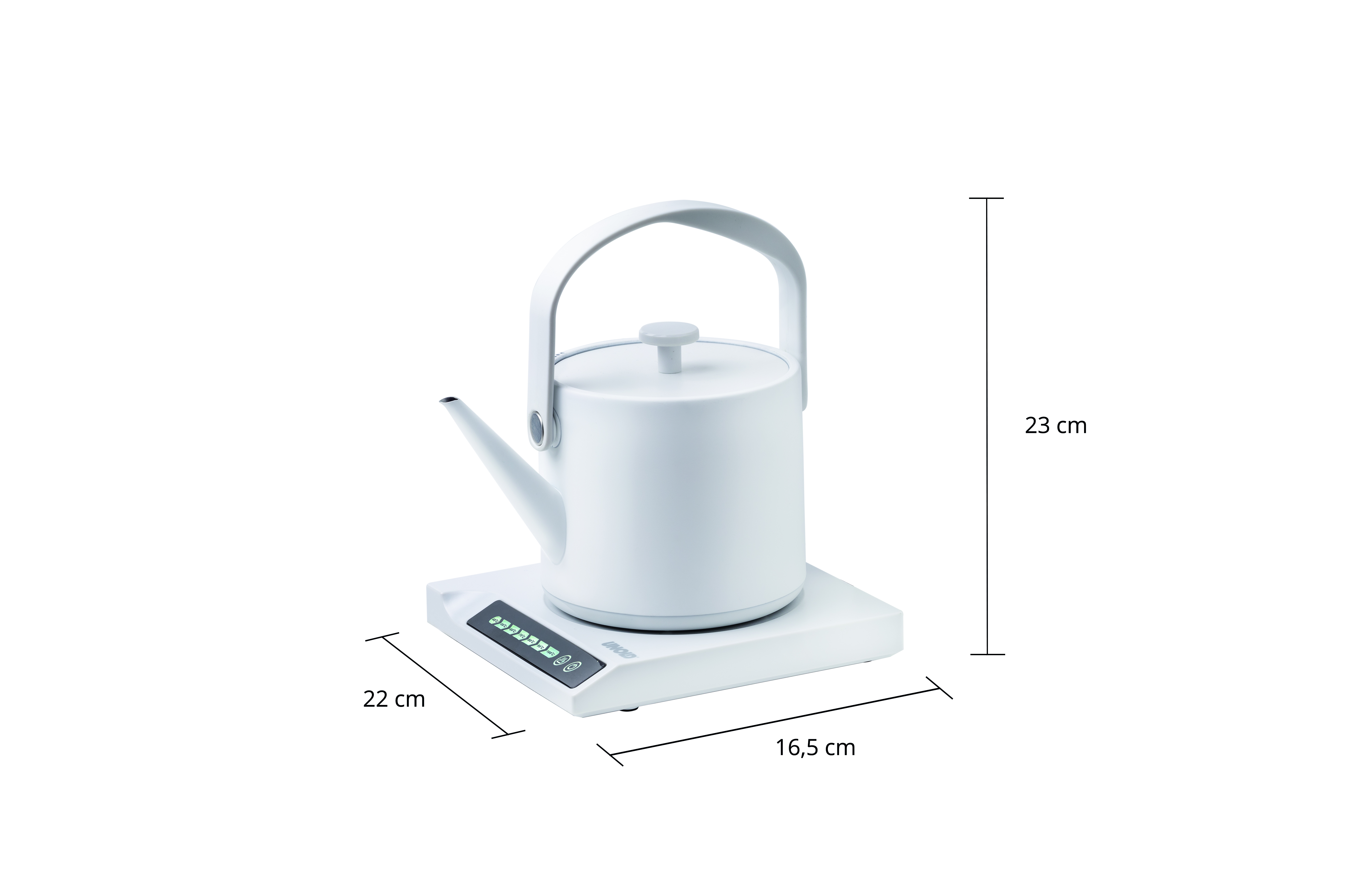 Ein weißer Wasserkocher mit Deckel und Griff steht auf einer weißen Basis mit Bedienelementen.