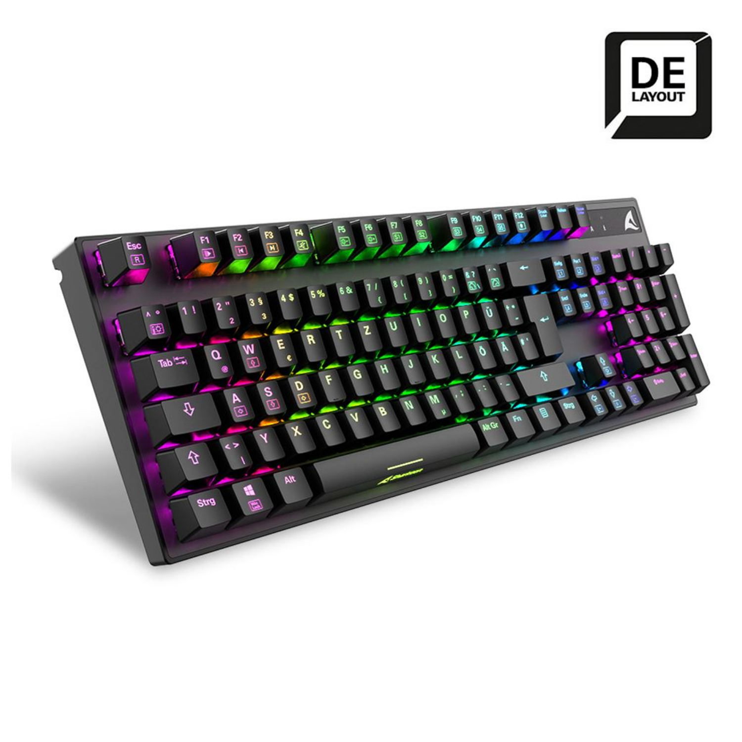 Ein schwarzes Gaming-Keyboard mit RGB-Beleuchtung und DE-Layout.