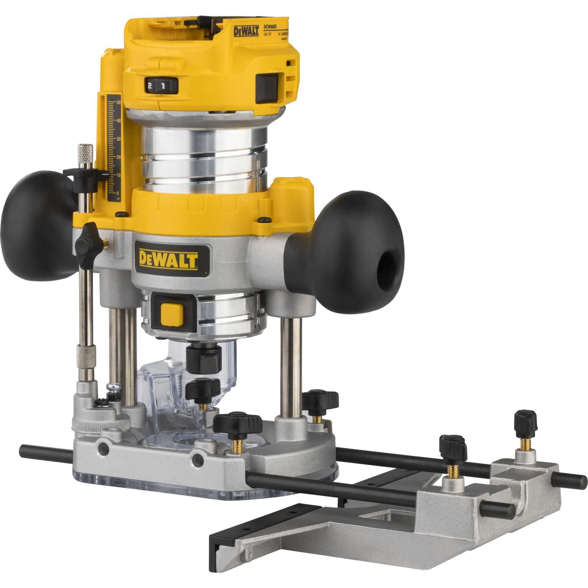 Żółto-srebrna frezarka DeWalt z czarnymi uchwytami, ogranicznikiem głębokości i prowadnicą.