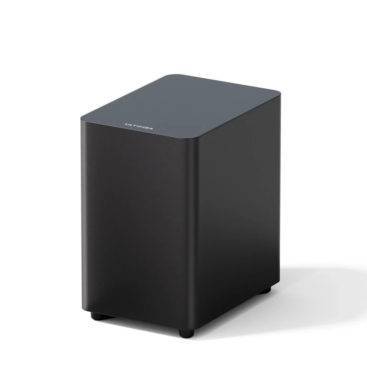 Un subwoofer noir et rectangulaire aux bords arrondis sur fond blanc.