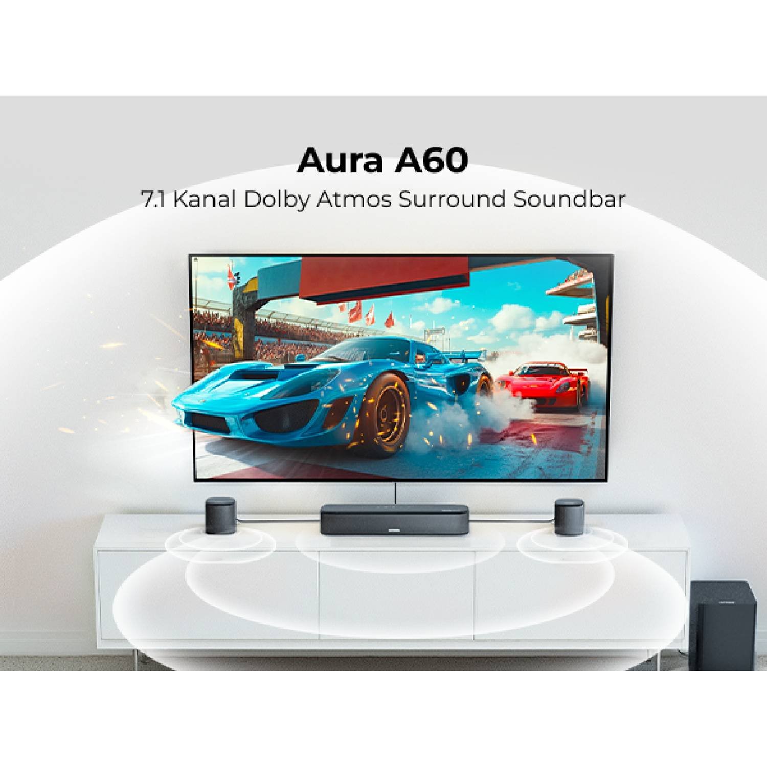 Barre de son Aura A60 avec des voitures de course à l'écran.