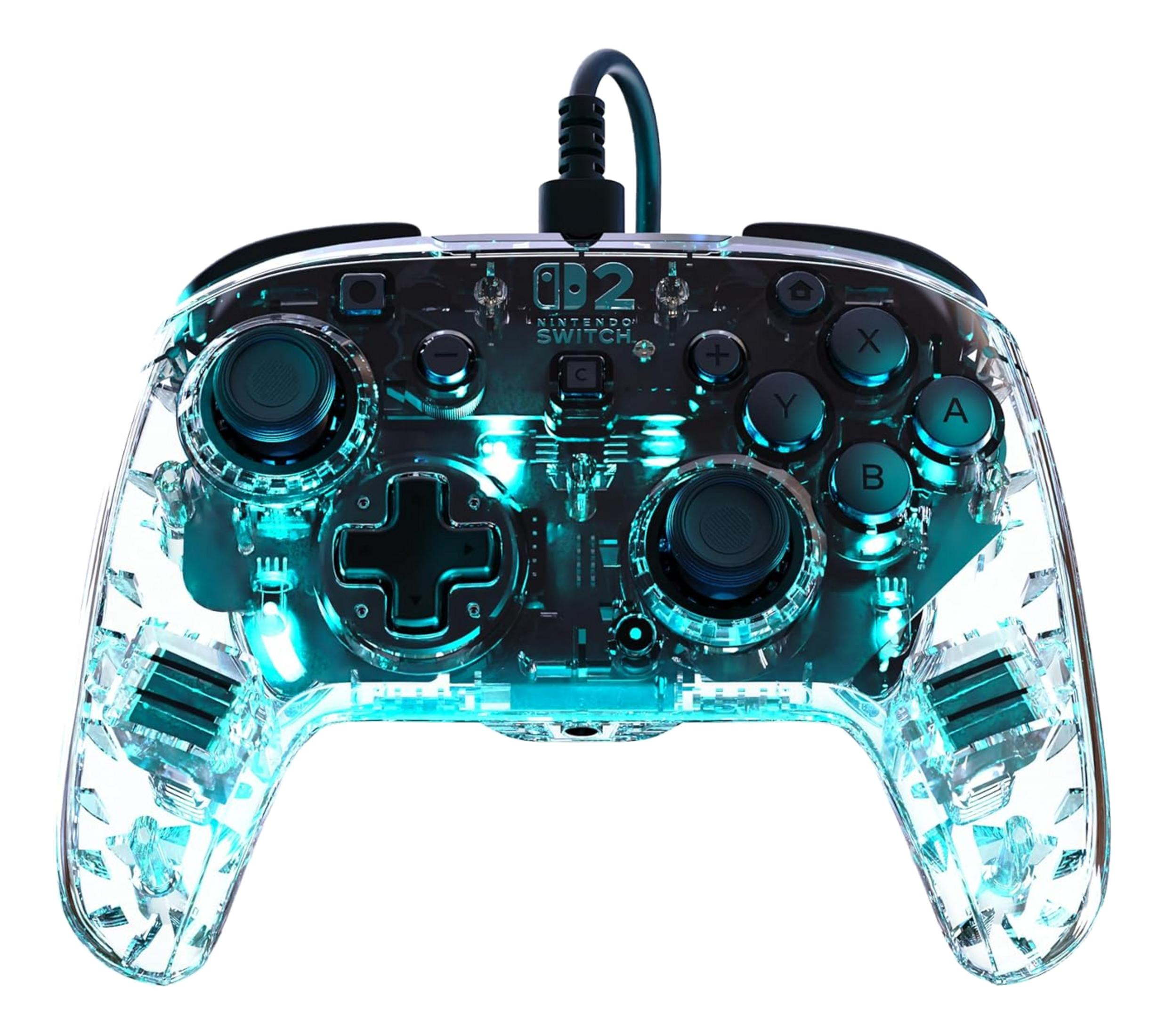 Controller Nintendo Switch trasparente con illuminazione blu.