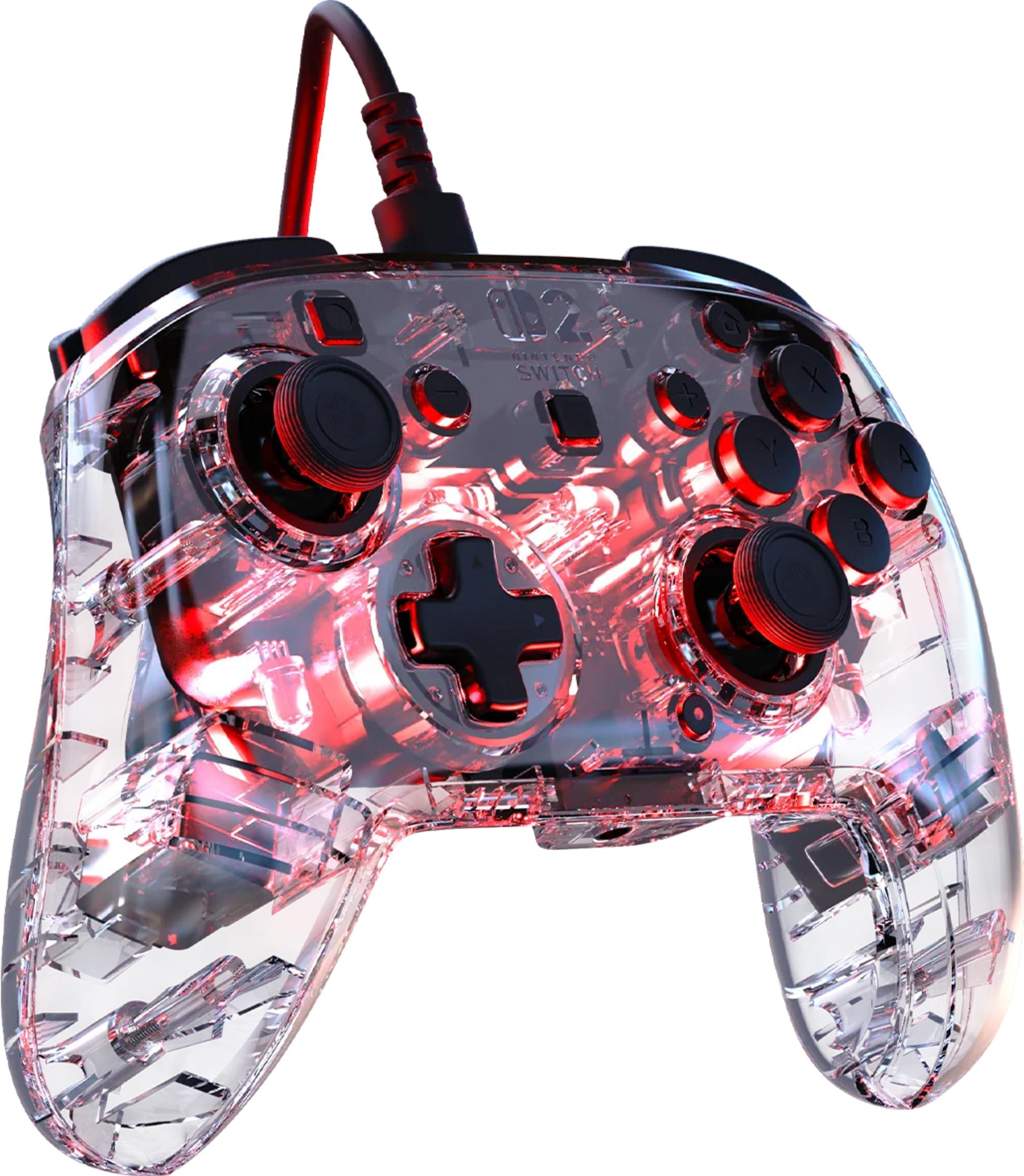 Controller trasparente con luci rosse e pulsanti neri.