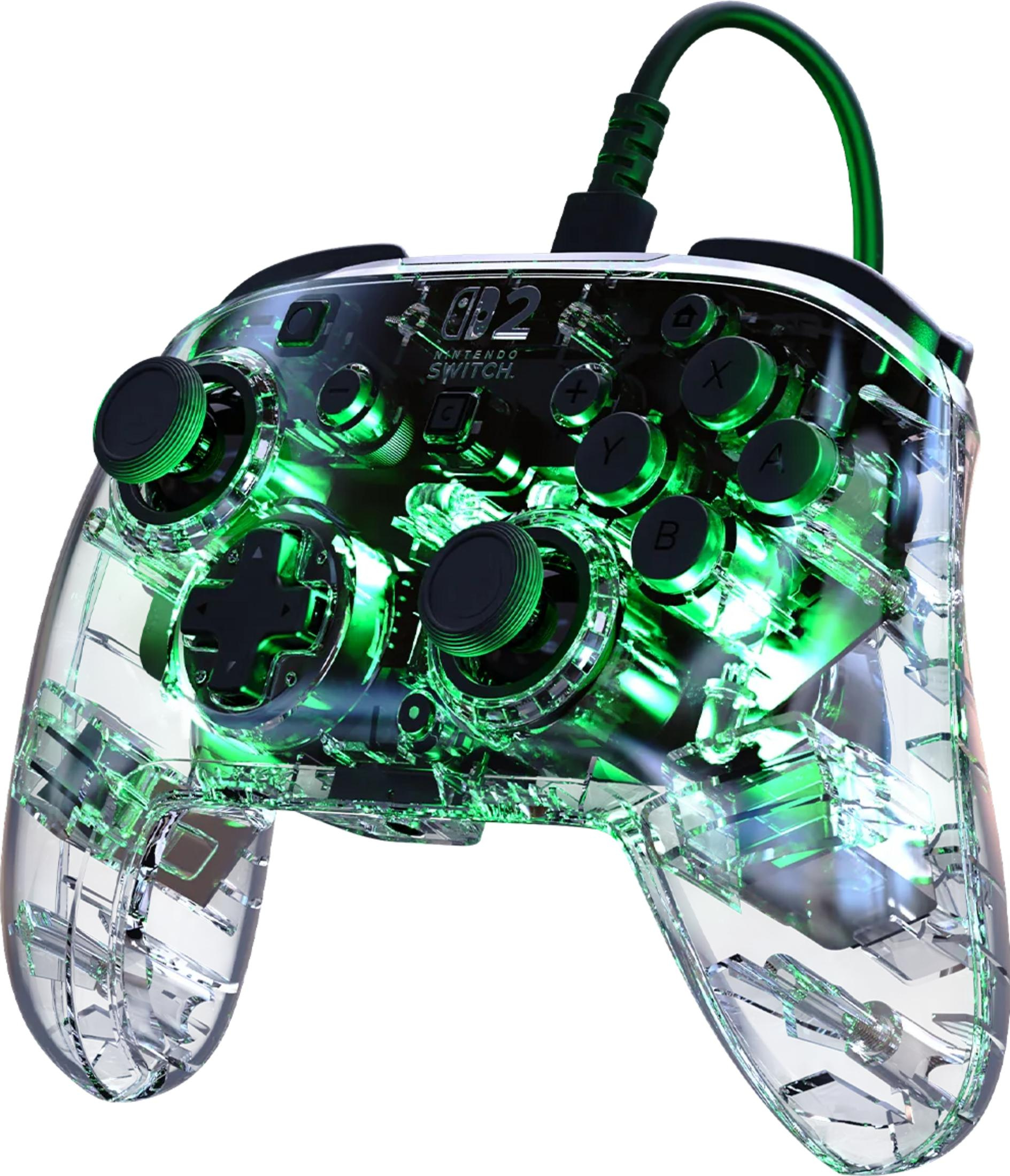 Un controller trasparente per Nintendo Switch con illuminazione LED verde.