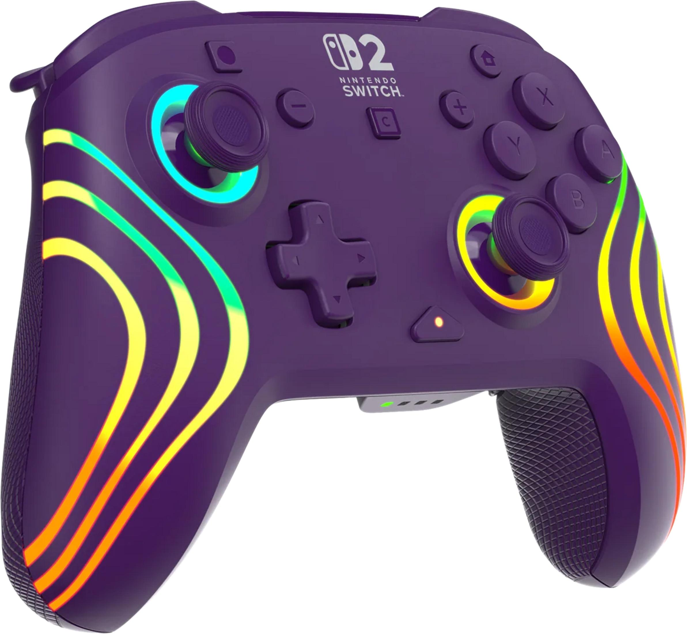 Controller viola Nintendo Switch con strisce luminose colorate e joystick illuminati.