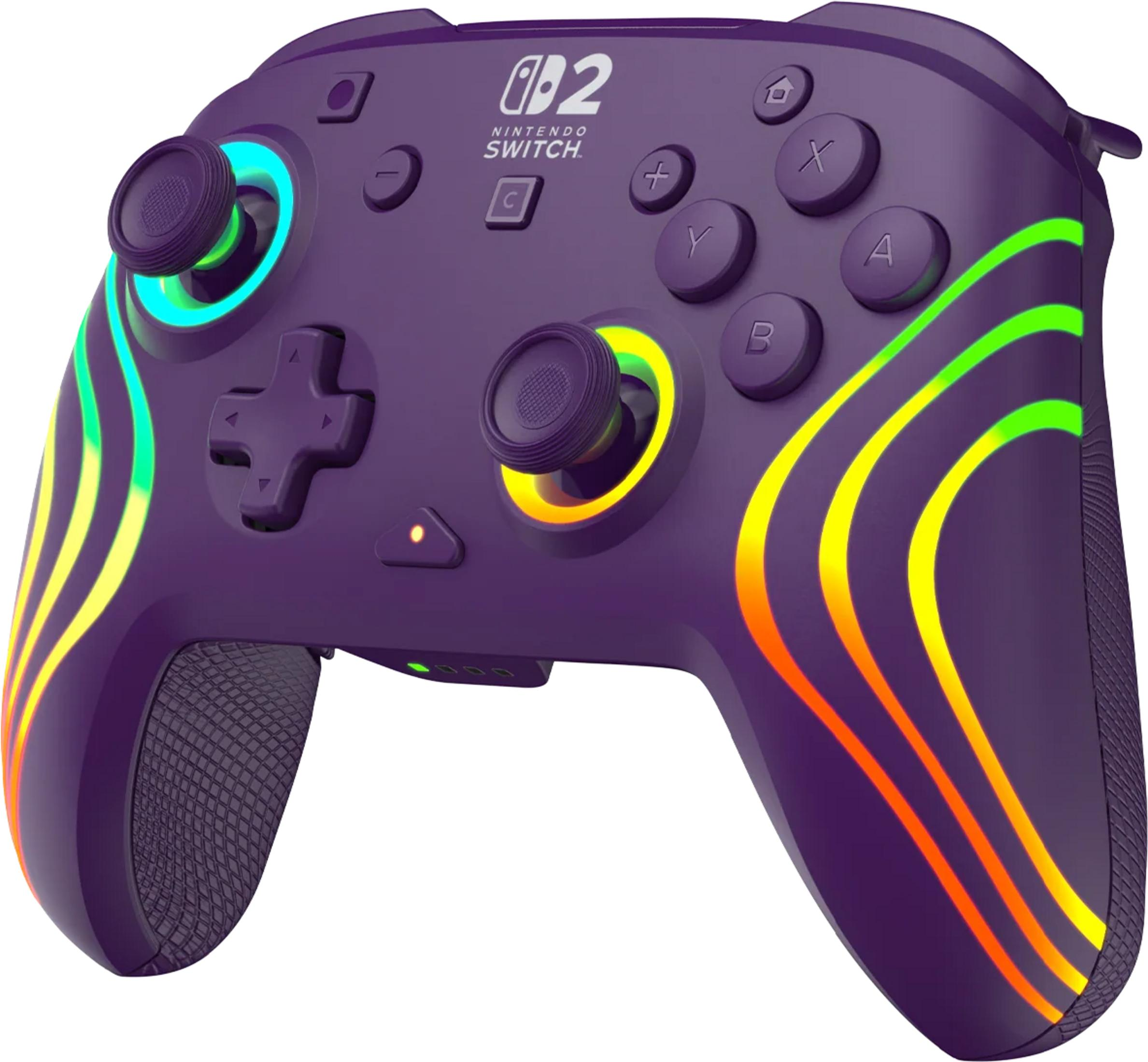 Un controller viola Nintendo Switch con luci colorate e logo.