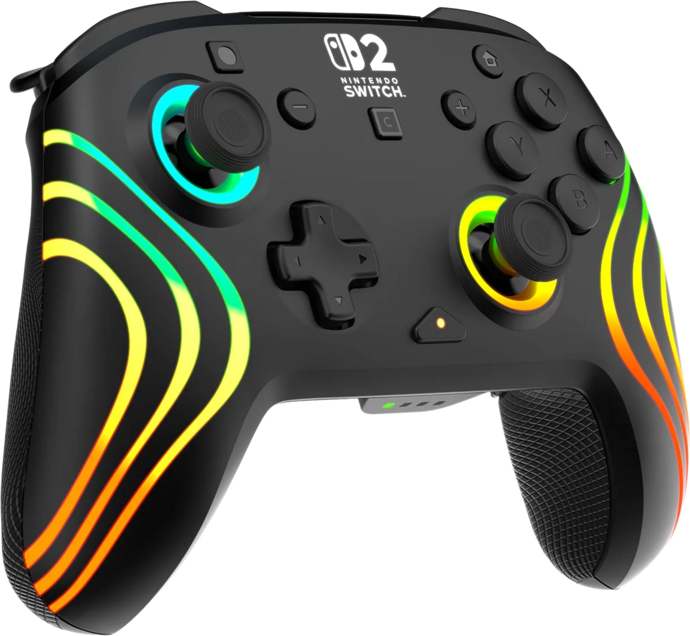 Controller nero Nintendo Switch con effetti luminosi colorati e impugnature.