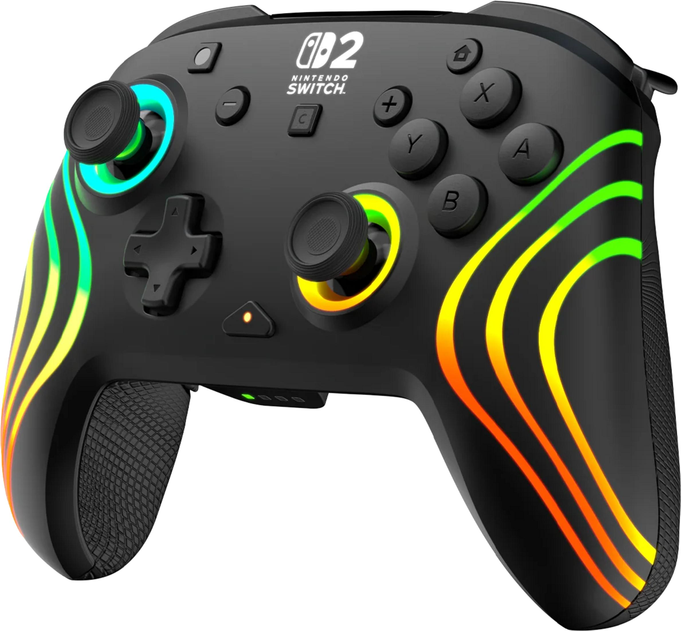 Controller nero con luci colorate, logo Nintendo Switch.