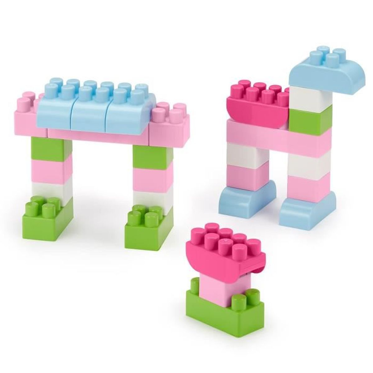 Bunte Bausteine bilden ein Tor, ein Pferd und eine kleine Struktur.