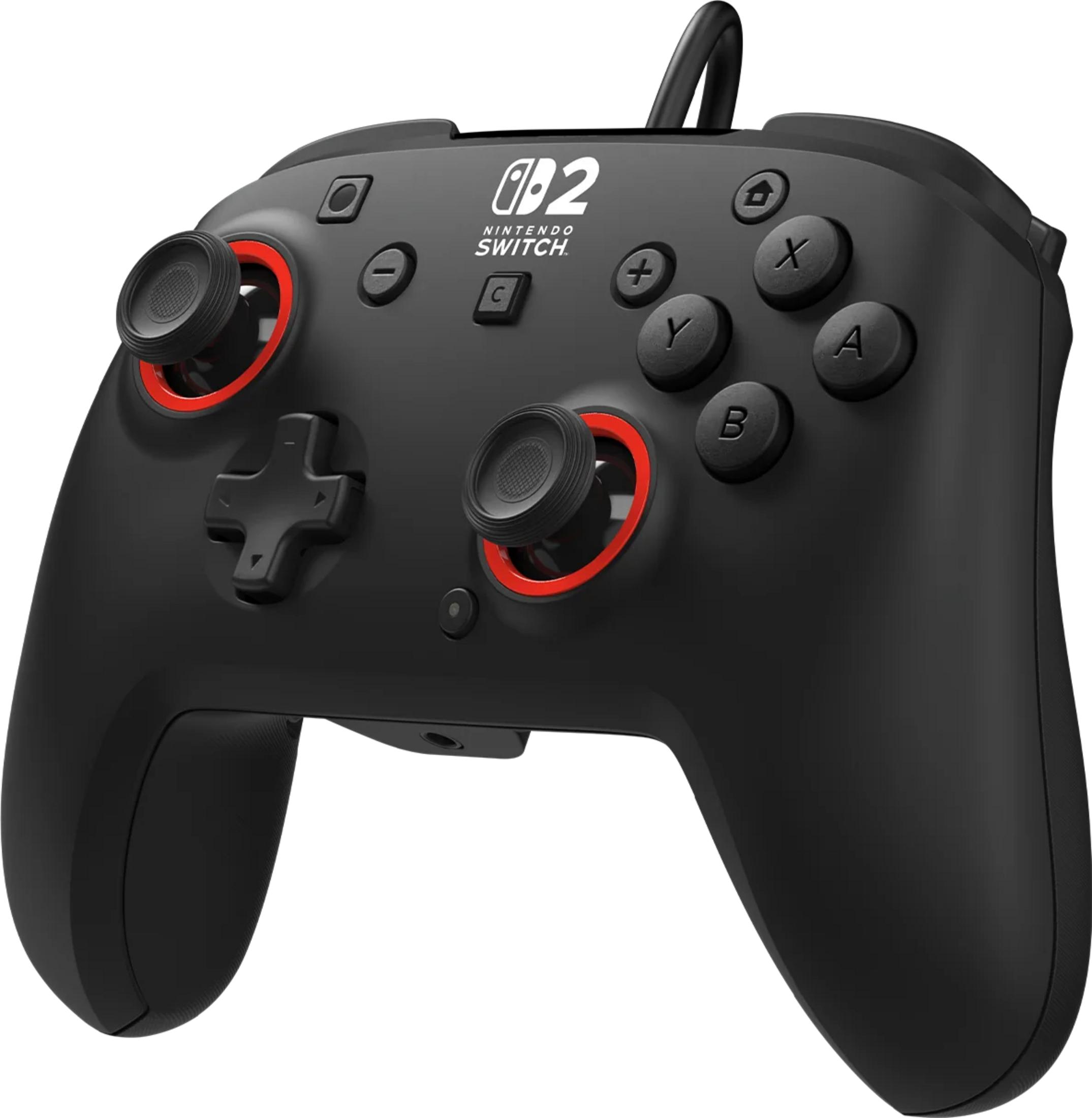 Schwarzer Nintendo Switch Controller mit roten Akzenten und Knöpfen.