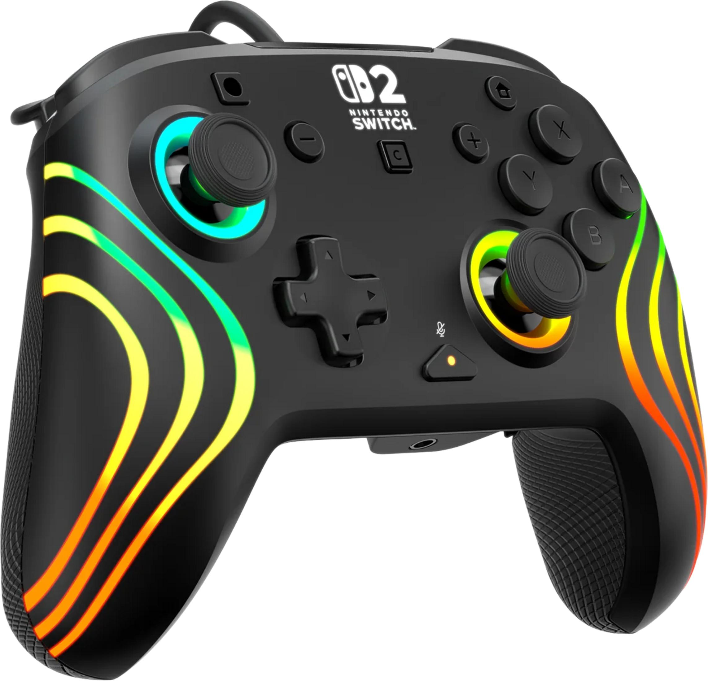 Schwarzer Nintendo Switch Controller mit bunten Lichtstreifen und Joysticks.