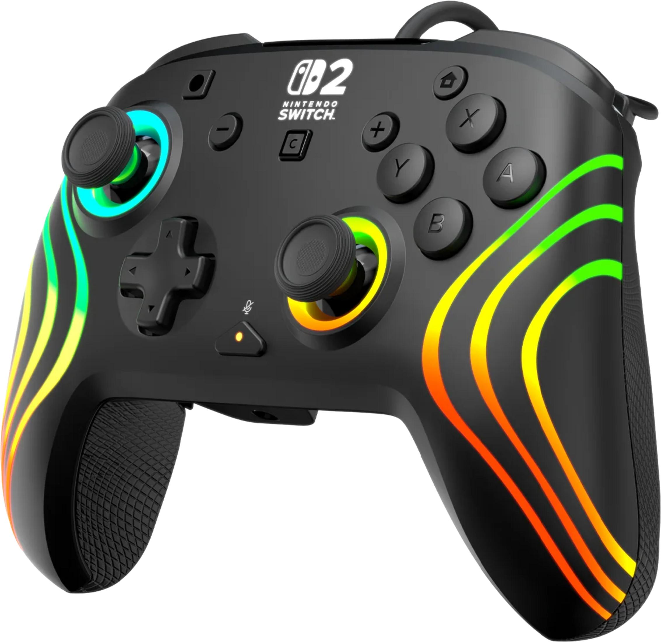 Schwarzer Nintendo Switch Controller mit bunten Lichtstreifen.