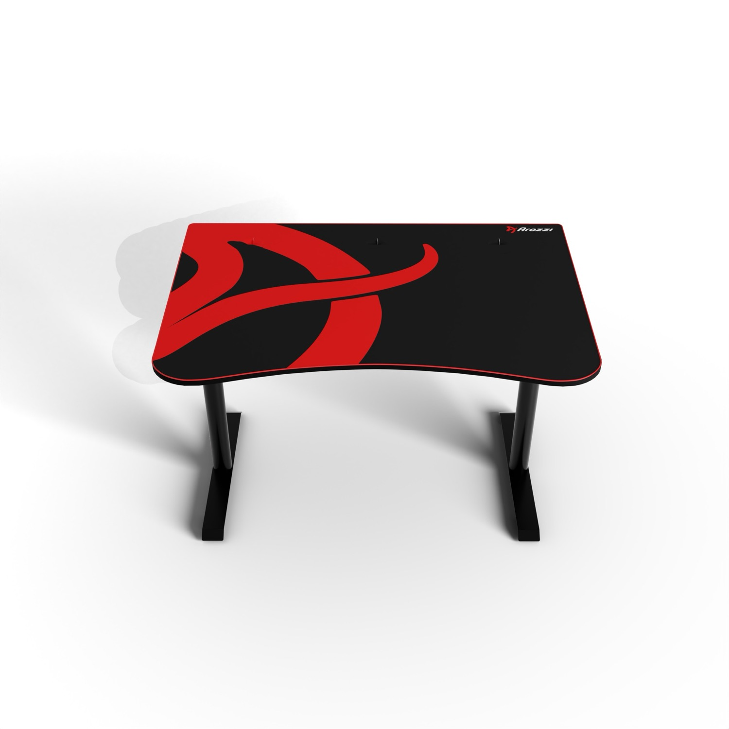Una scrivania nera con design rosso e due gambe nere.