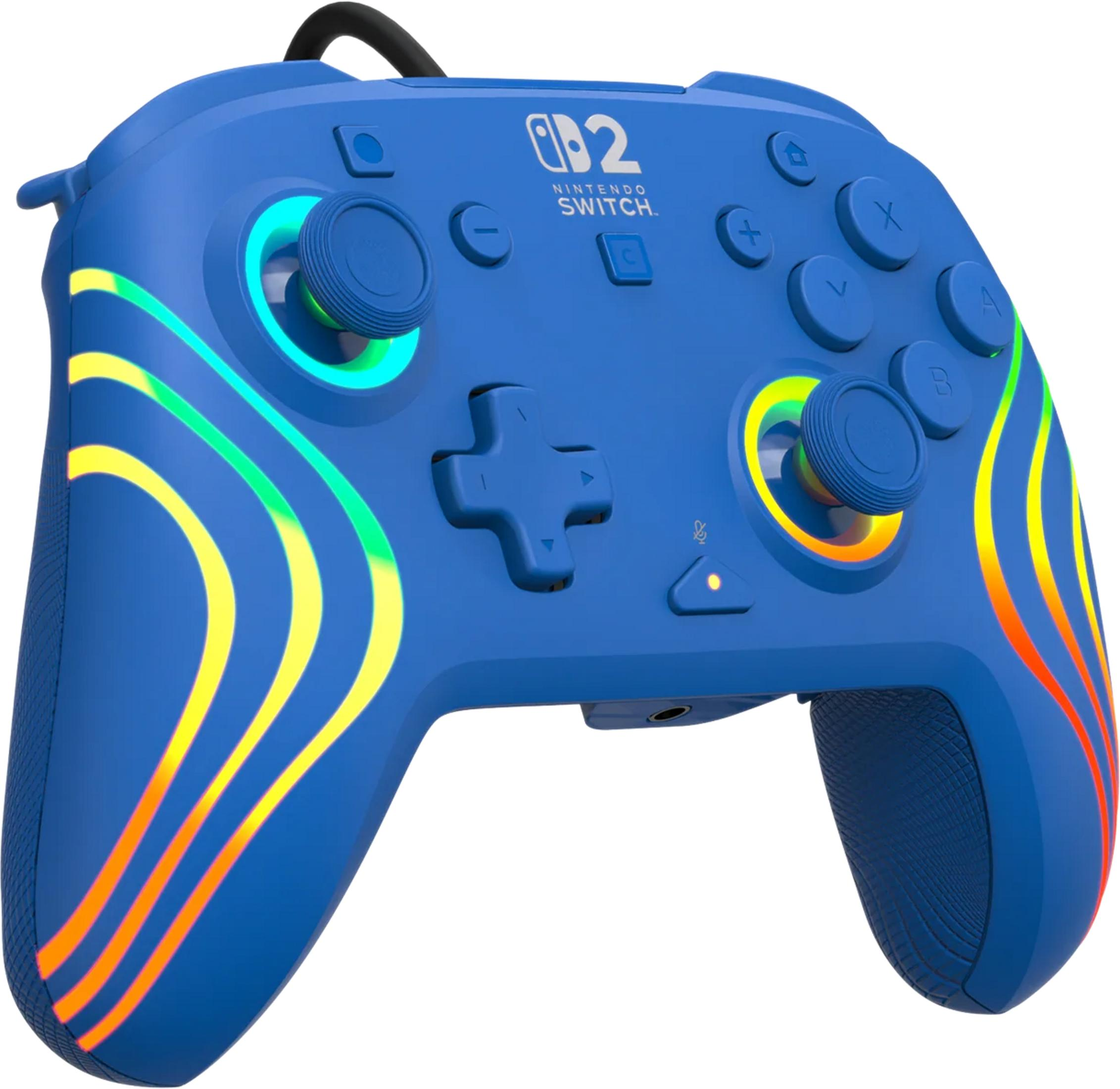 Blauer Nintendo Switch Controller mit bunten Lichtstreifen und beleuchteten Joysticks.