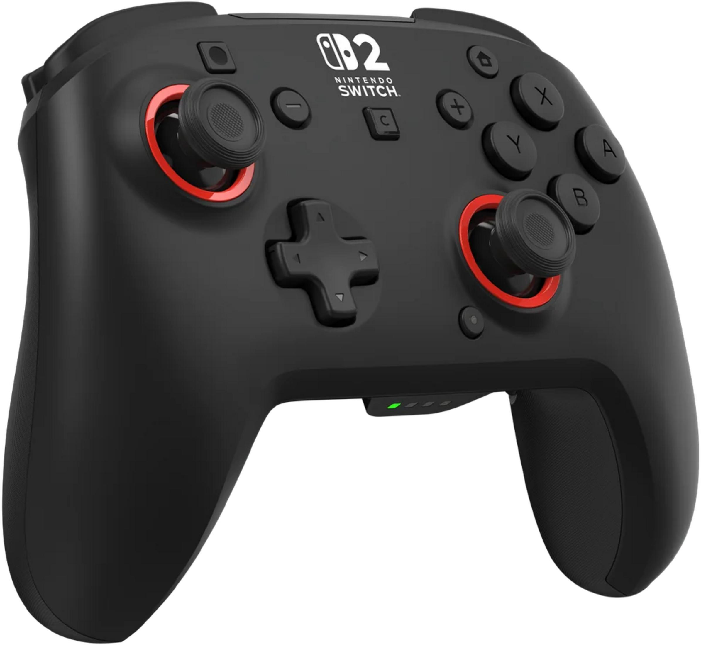Schwarzer Nintendo Switch Controller mit roten Akzenten und vielen Tasten.