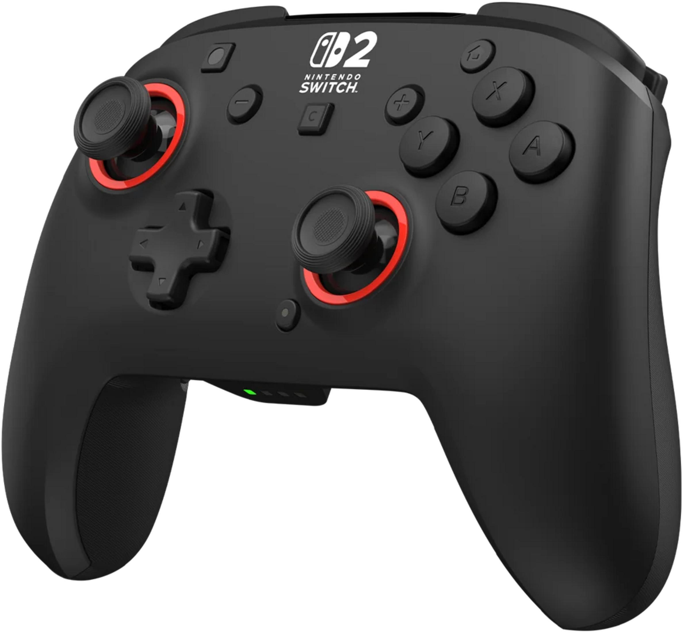 Schwarzer Nintendo Switch Controller mit roten Akzenten und silbernen Tasten.