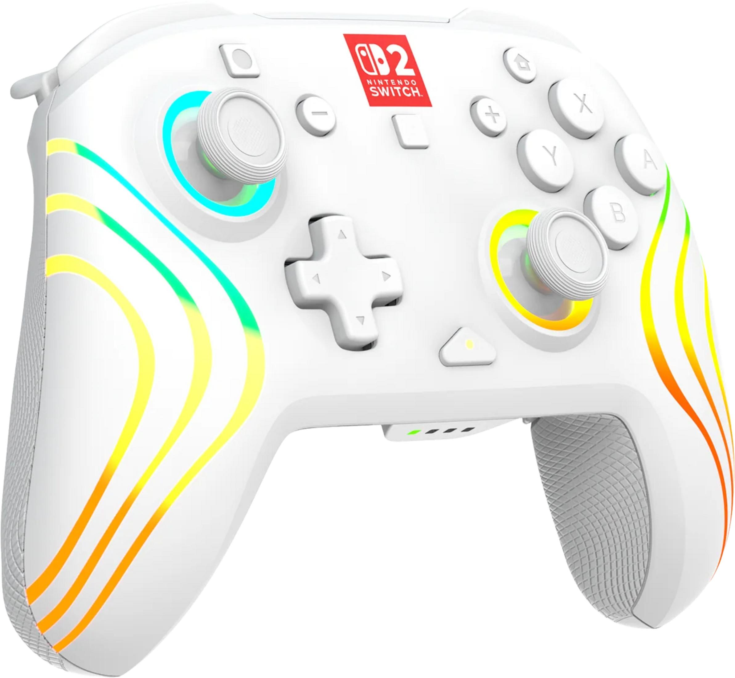 Controller bianco Nintendo Switch con strisce luminose colorate e pulsanti.