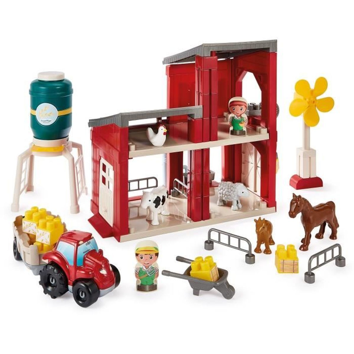 Un set da fattoria giocattolo con fienile rosso, trattore, rimorchio, animali e figure.