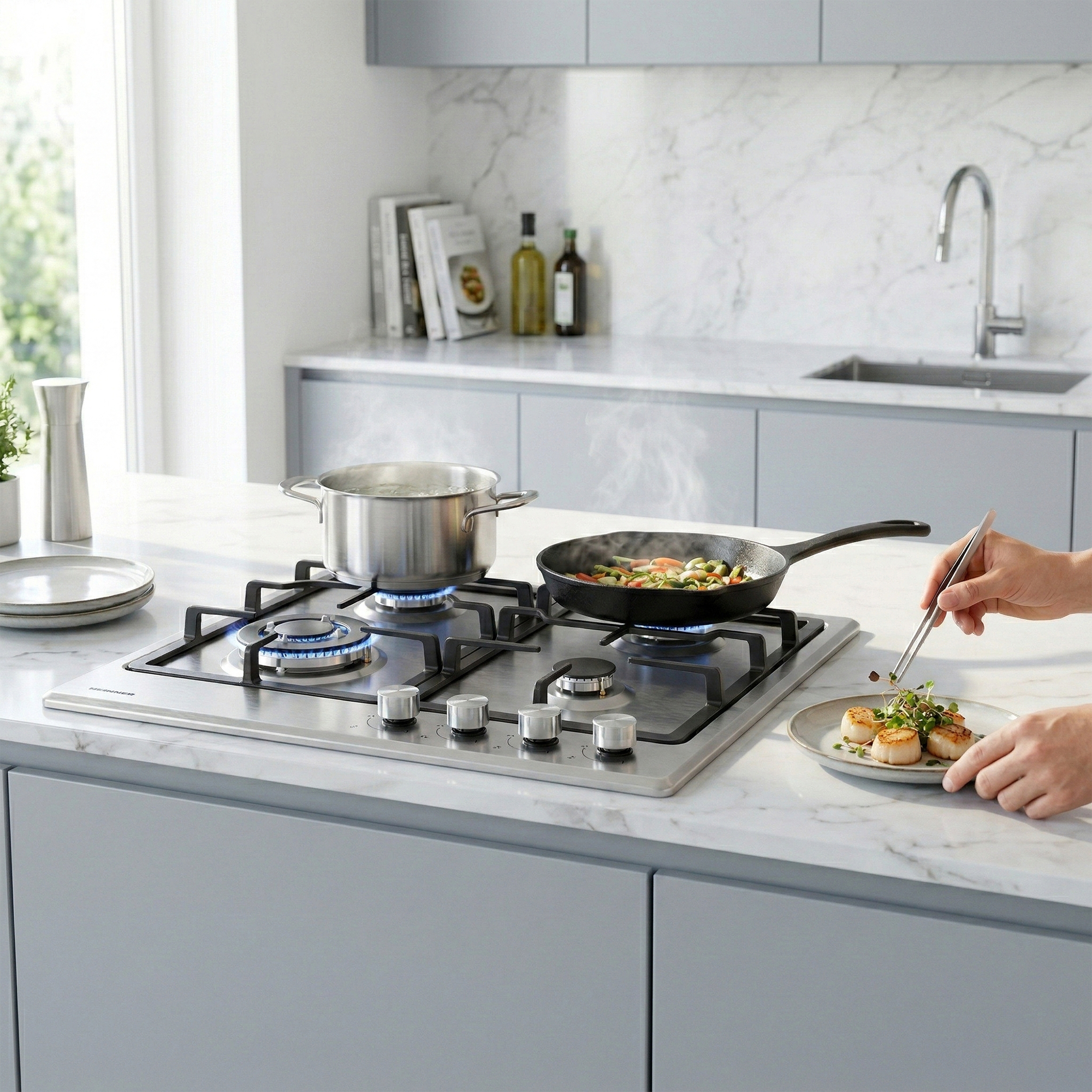 Koken in een moderne keuken met een gasfornuis in gebruik.