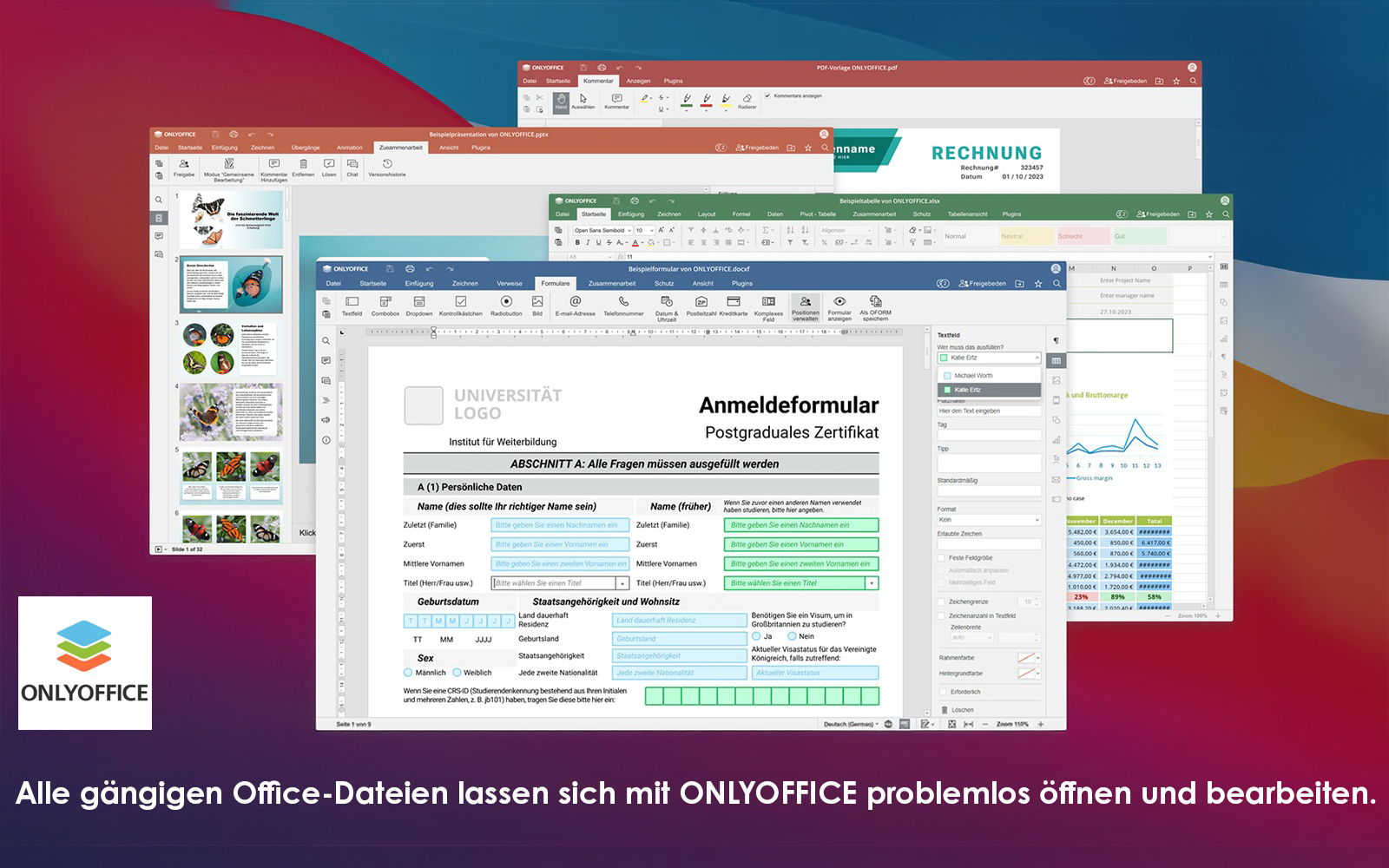 Vista de escritorio de ONLYOFFICE con documentos abiertos: presentación, formulario, hoja de cálculo y PDF.