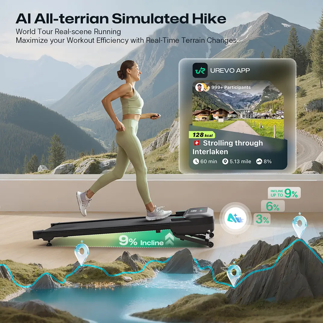 Mujer corriendo en cinta con paisaje virtual de montaña y pantalla de app.