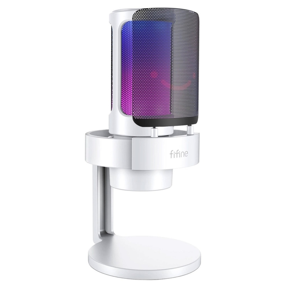 Un microfono bianco con illuminazione RGB su un supporto argentato.