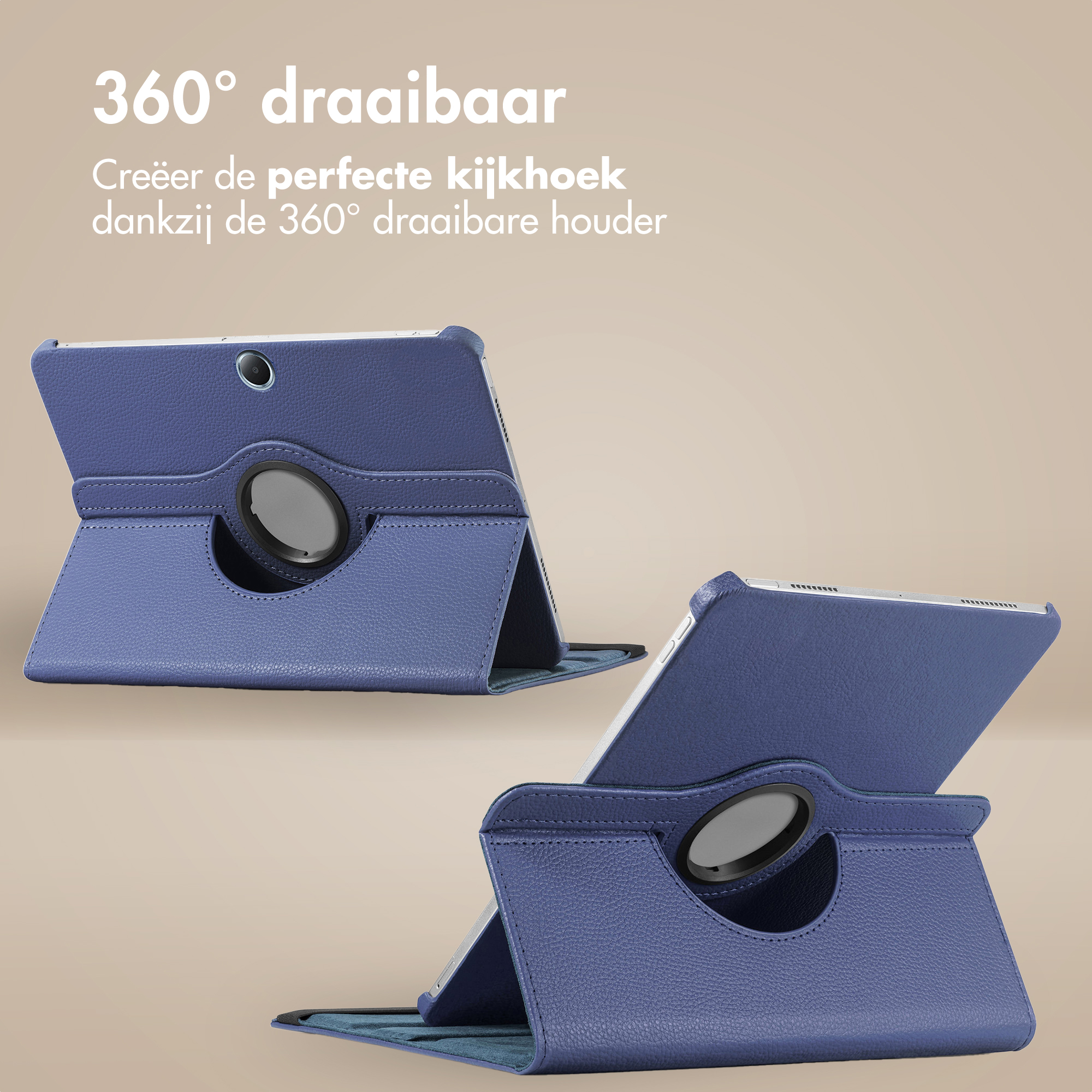 Blue tablet with rotating stand and text.