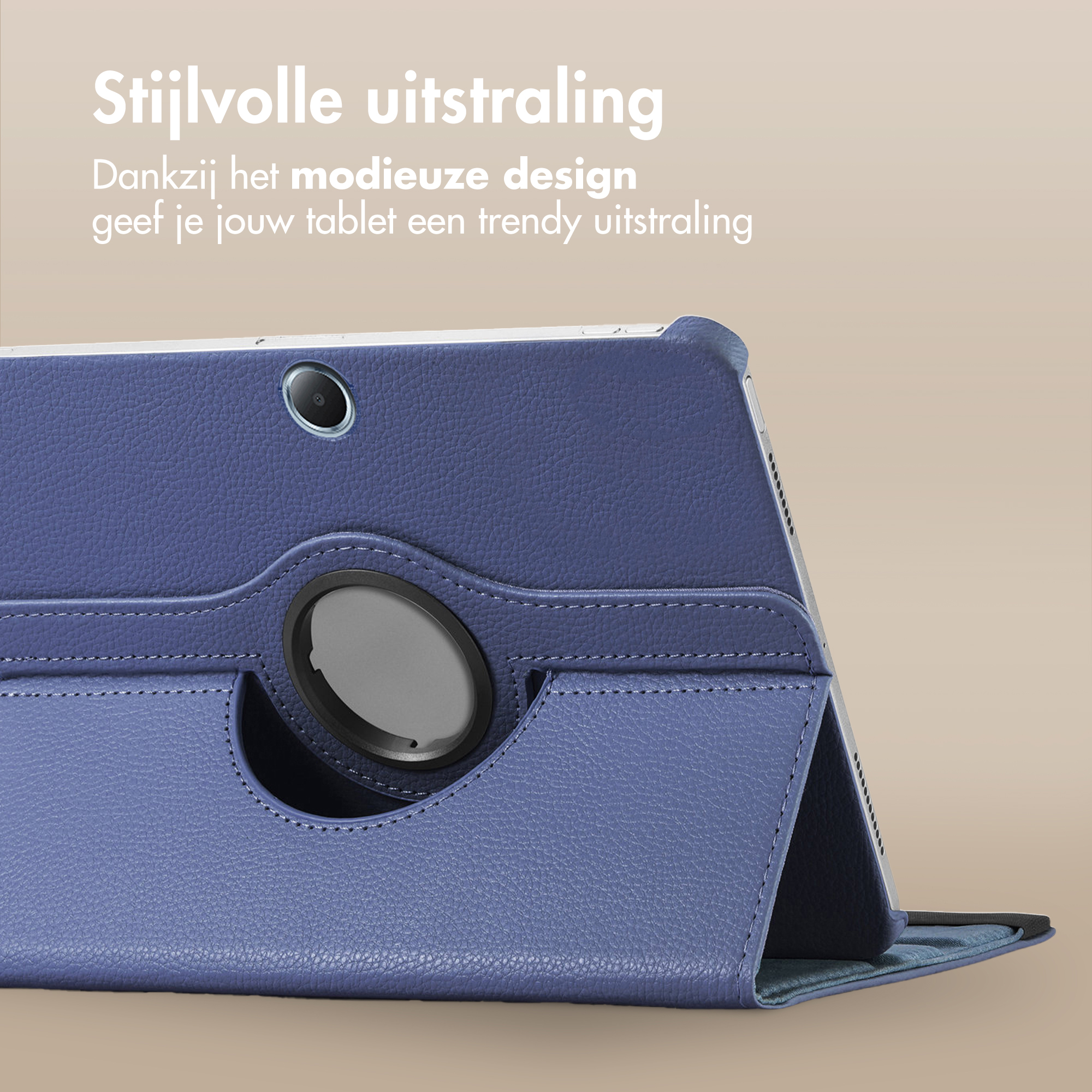 A blue tablet case with a round holder and camera opening, detailed texture.