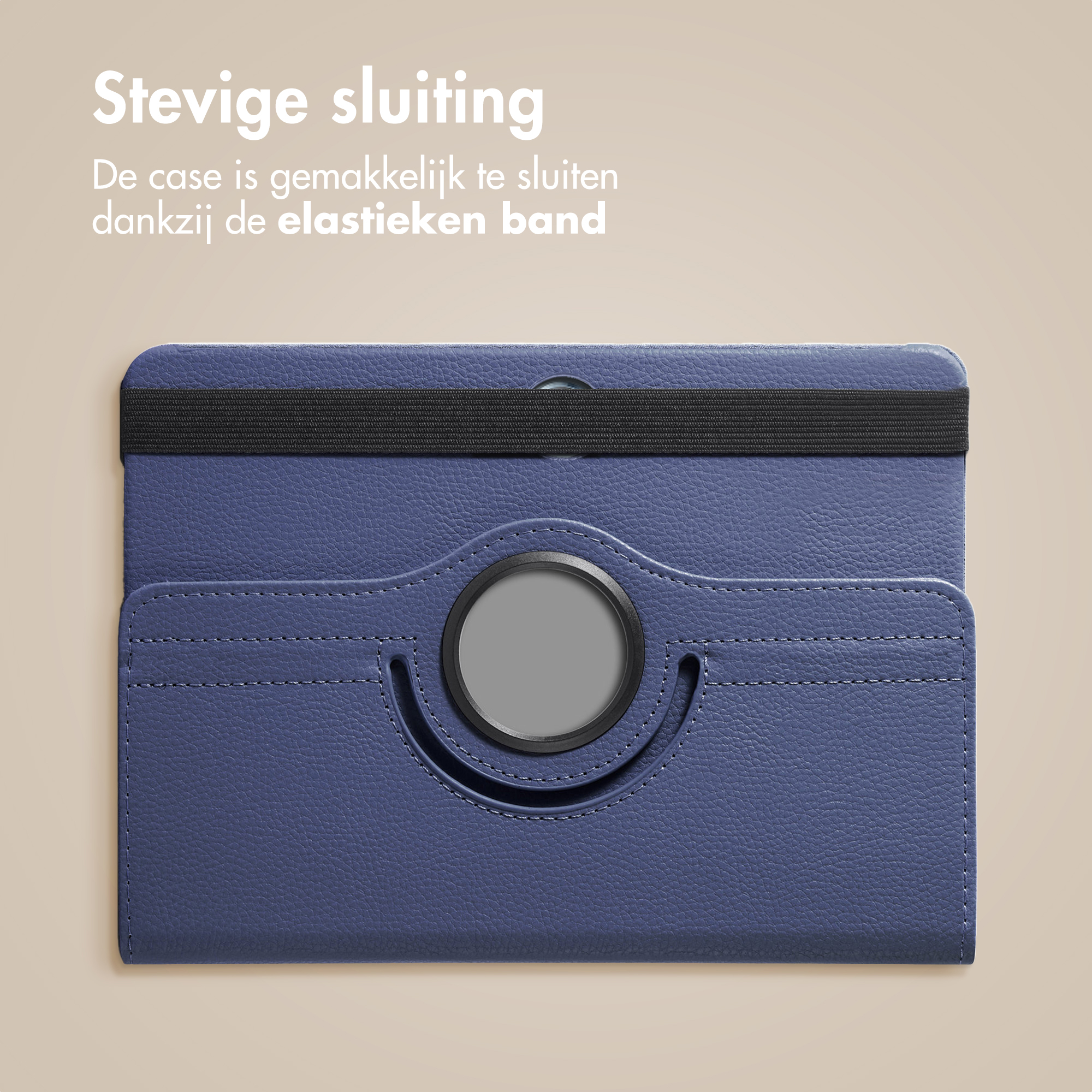 Blue tablet case with black elastic band and circular opening.